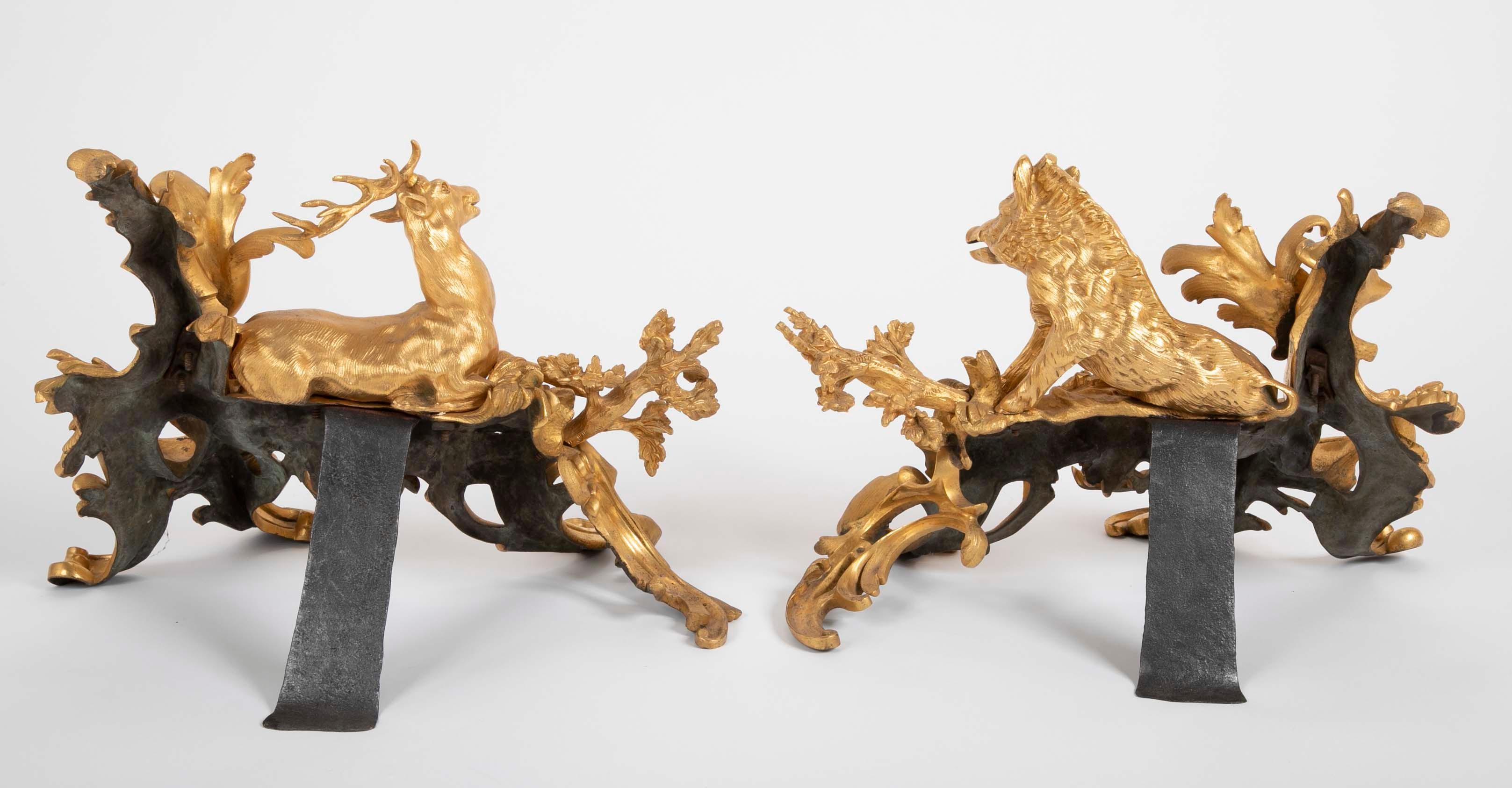 Fabulous Pair of 19th Century Louis XV Style D'ore Bronze Chenets For Sale 10