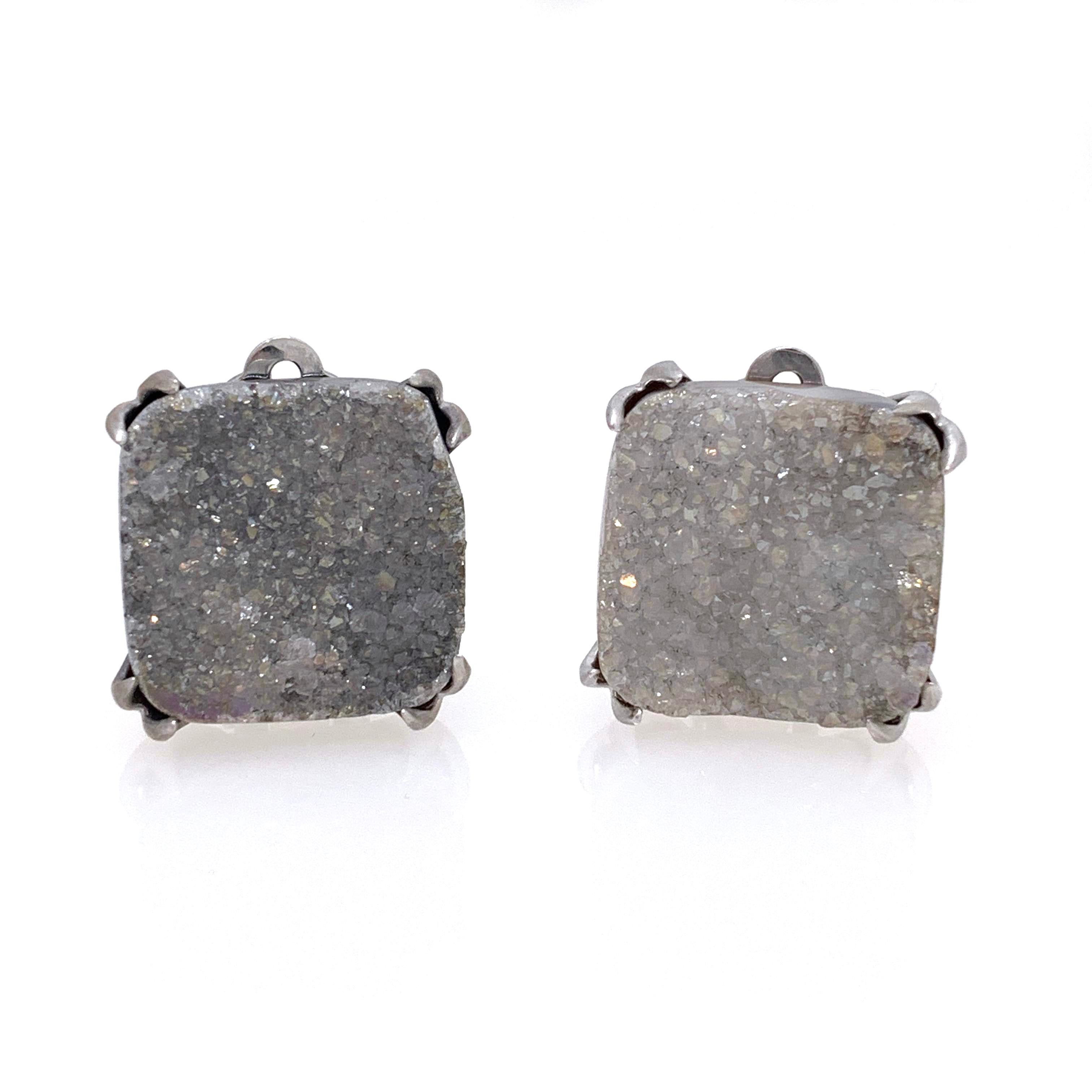 Fabulous pair of square shape druzy quartz clip on earrings. The pair measures 20mm width and height, in platinum rhodium plated sterling silver setting (matte finish). Large and comfortable clip back allowing the earrings to sit well on the