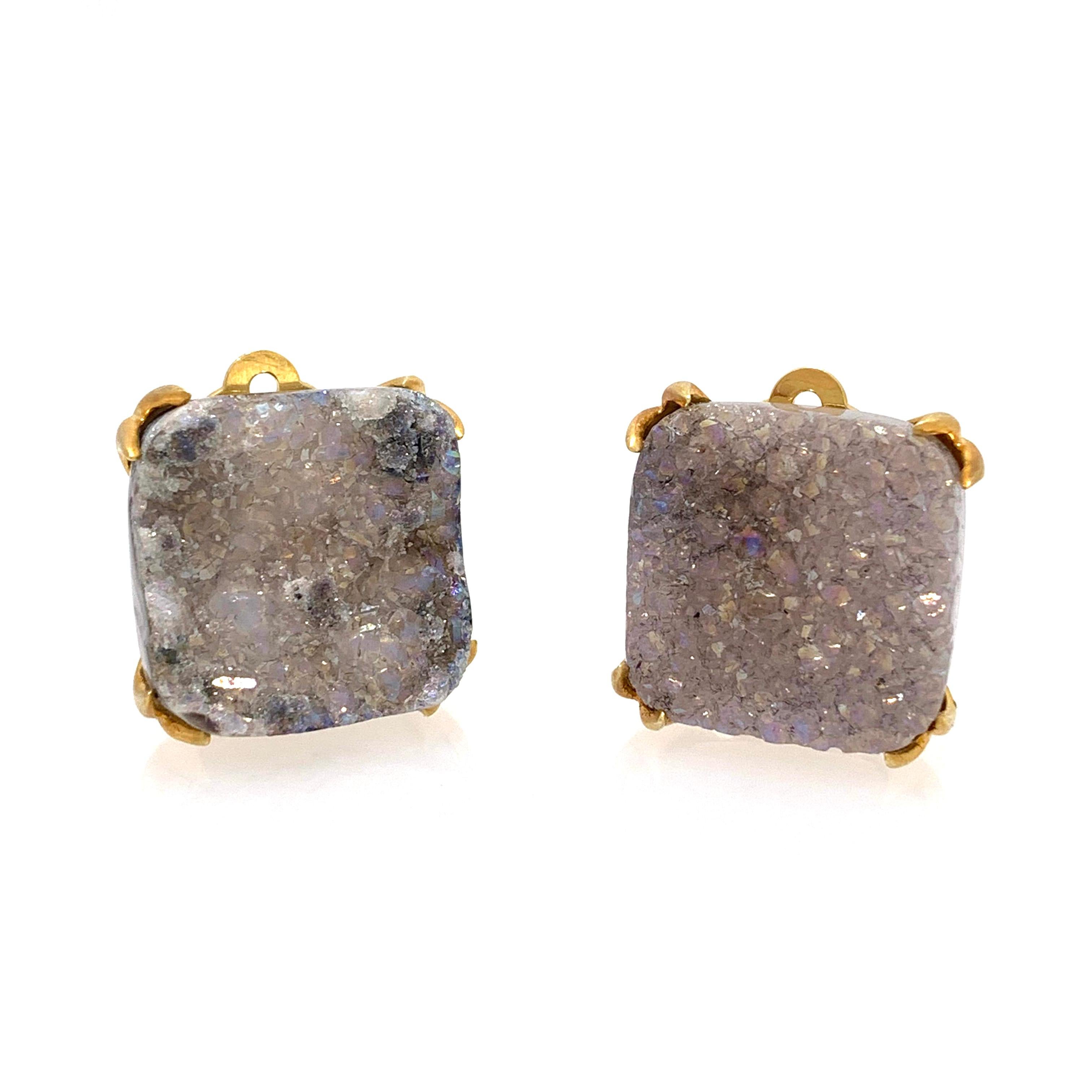 Fabulous pair of square shape druzy quartz clip on earrings. The pair measures 20mm width and height, in 18k gold vermeil over sterling silver setting (matte finish). Large and comfortable clip back allowing the earrings to sit well on the