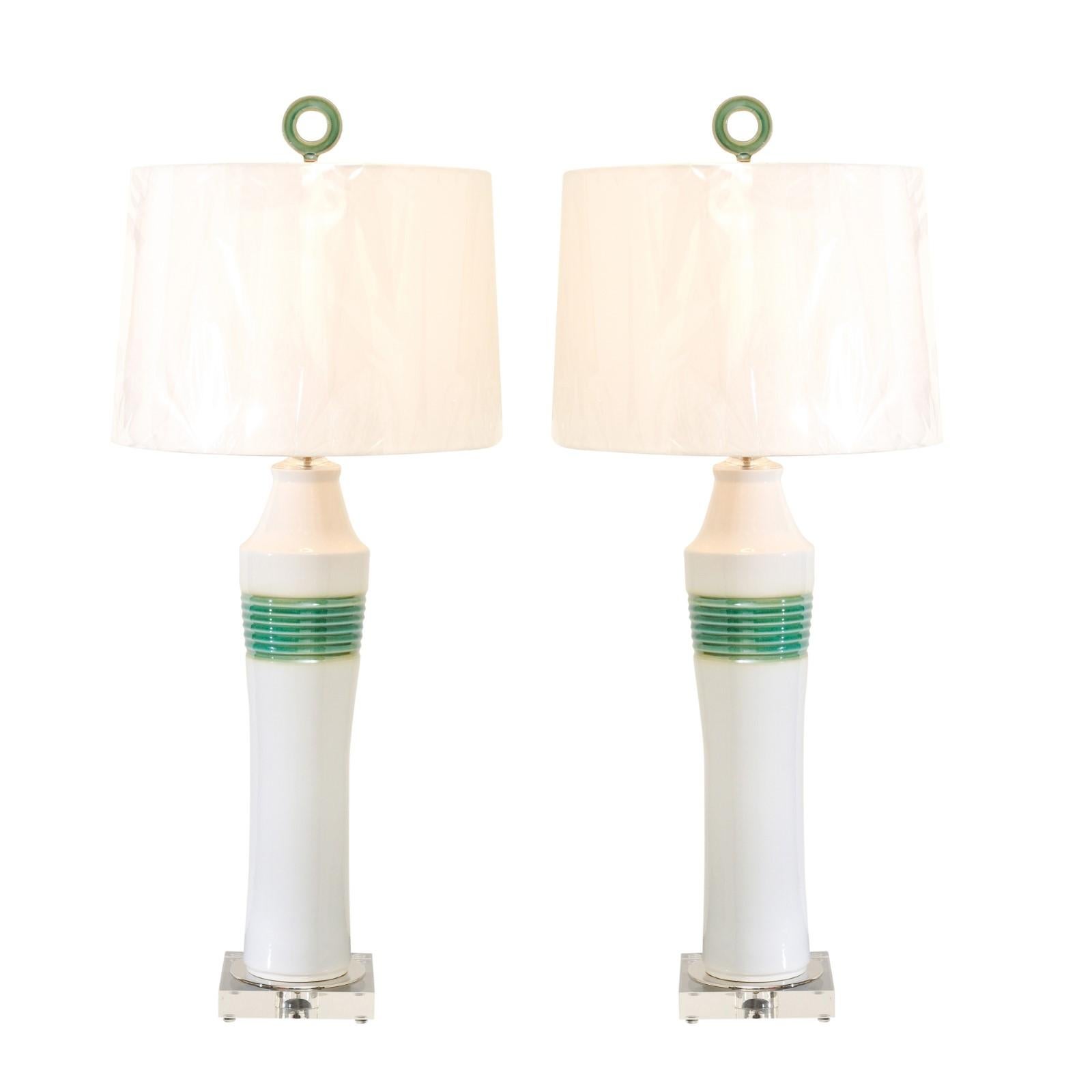 Installation Ready: Pair of Aquamarine and Cream Glazed Vessels as Custom Lamps For Sale