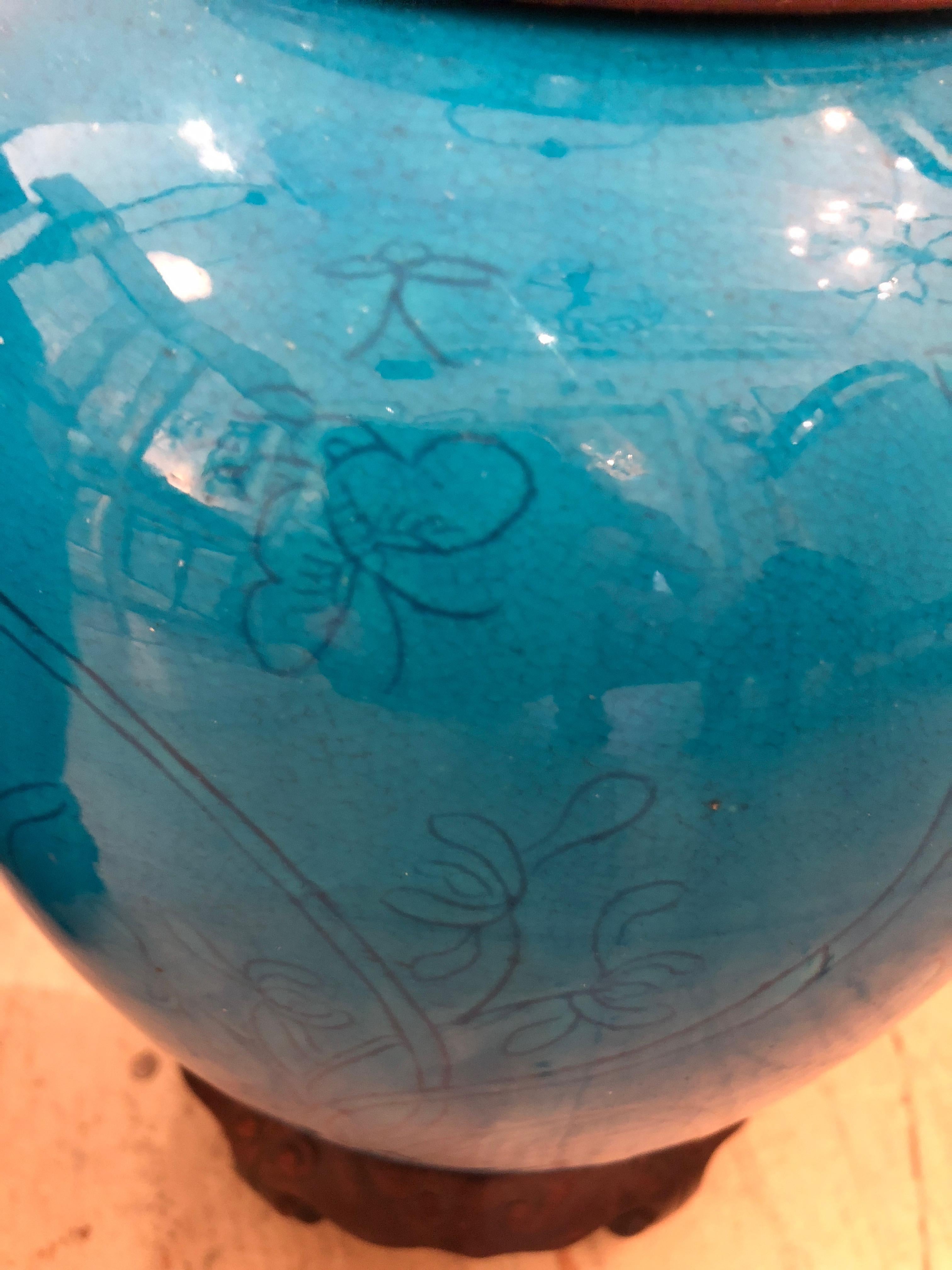 Mid-20th Century Fabulous Pair of Bright Turquoise Chinese Ginger Jar Lamps on Hardwood Stands