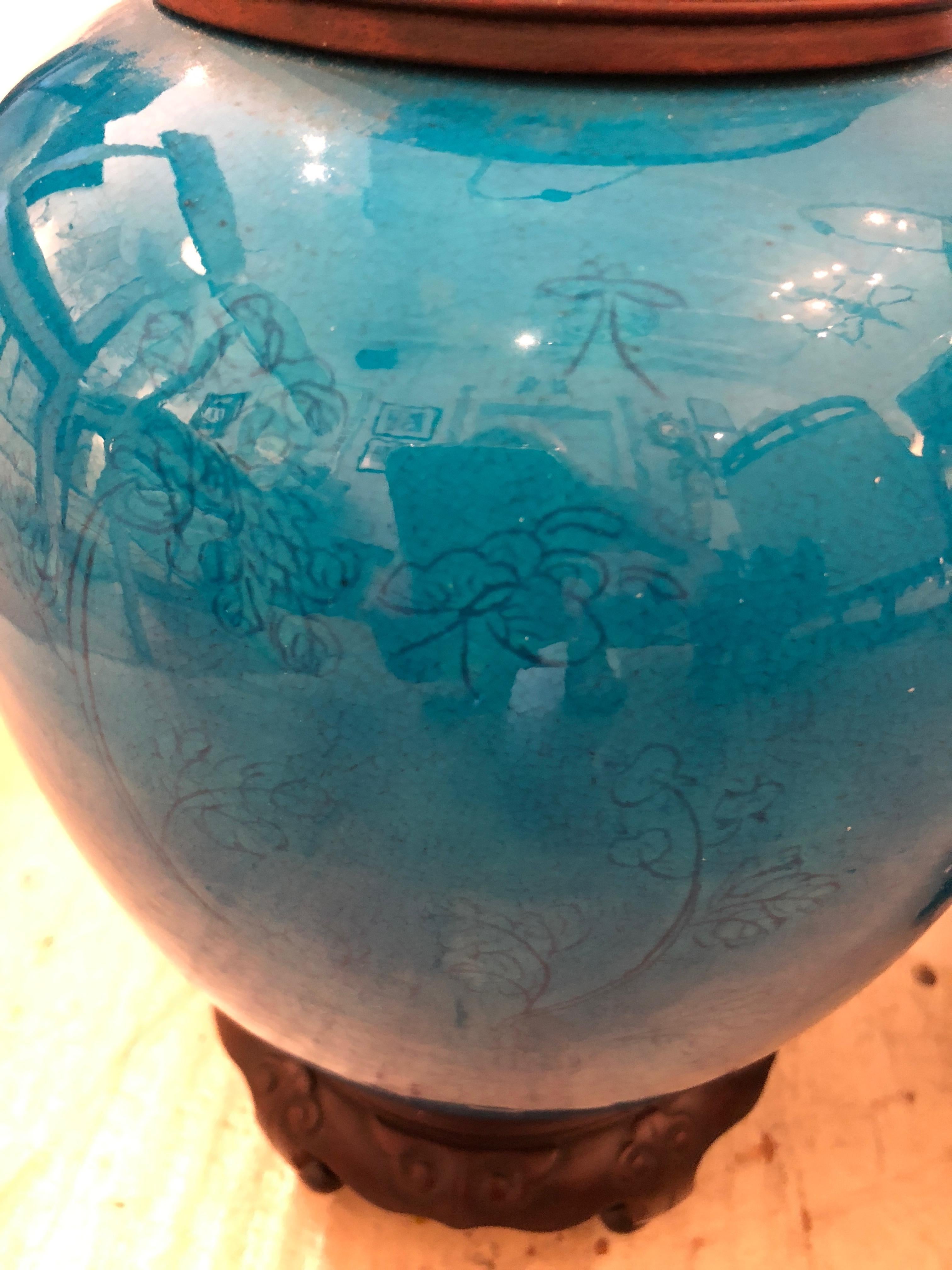 Ceramic Fabulous Pair of Bright Turquoise Chinese Ginger Jar Lamps on Hardwood Stands