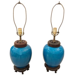 Fabulous Pair of Bright Turquoise Chinese Ginger Jar Lamps on Hardwood Stands