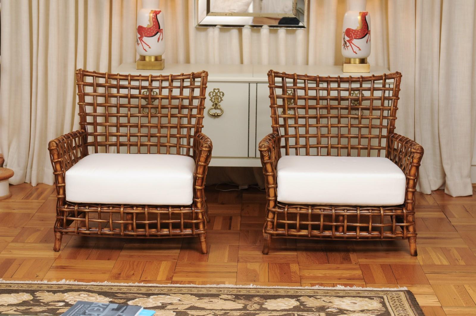 American Fabulous Pair of Caramel Rattan and Cane Club Chairs - 2 Pair Available For Sale