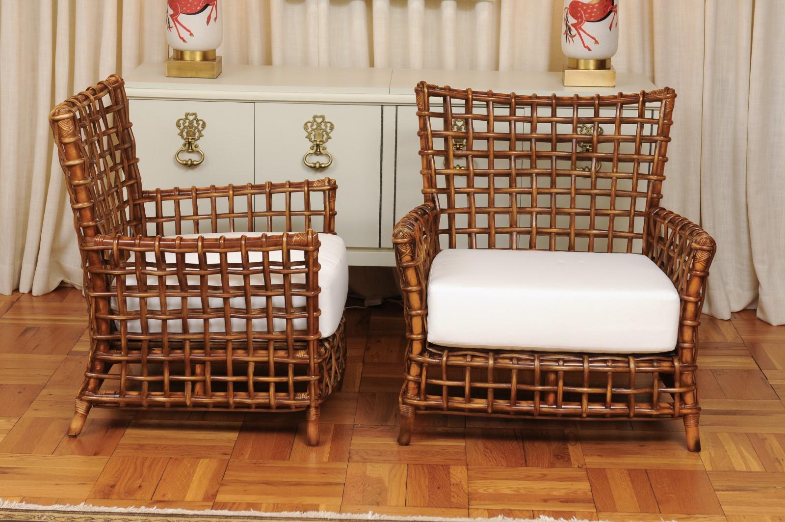 Fabulous Pair of Caramel Rattan and Cane Club Chairs - 2 Pair Available In Excellent Condition For Sale In Atlanta, GA