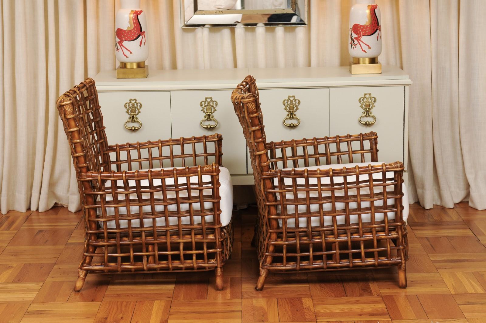 Fabulous Pair of Caramel Rattan and Cane Club Chairs - 2 Pair Available In Excellent Condition For Sale In Atlanta, GA