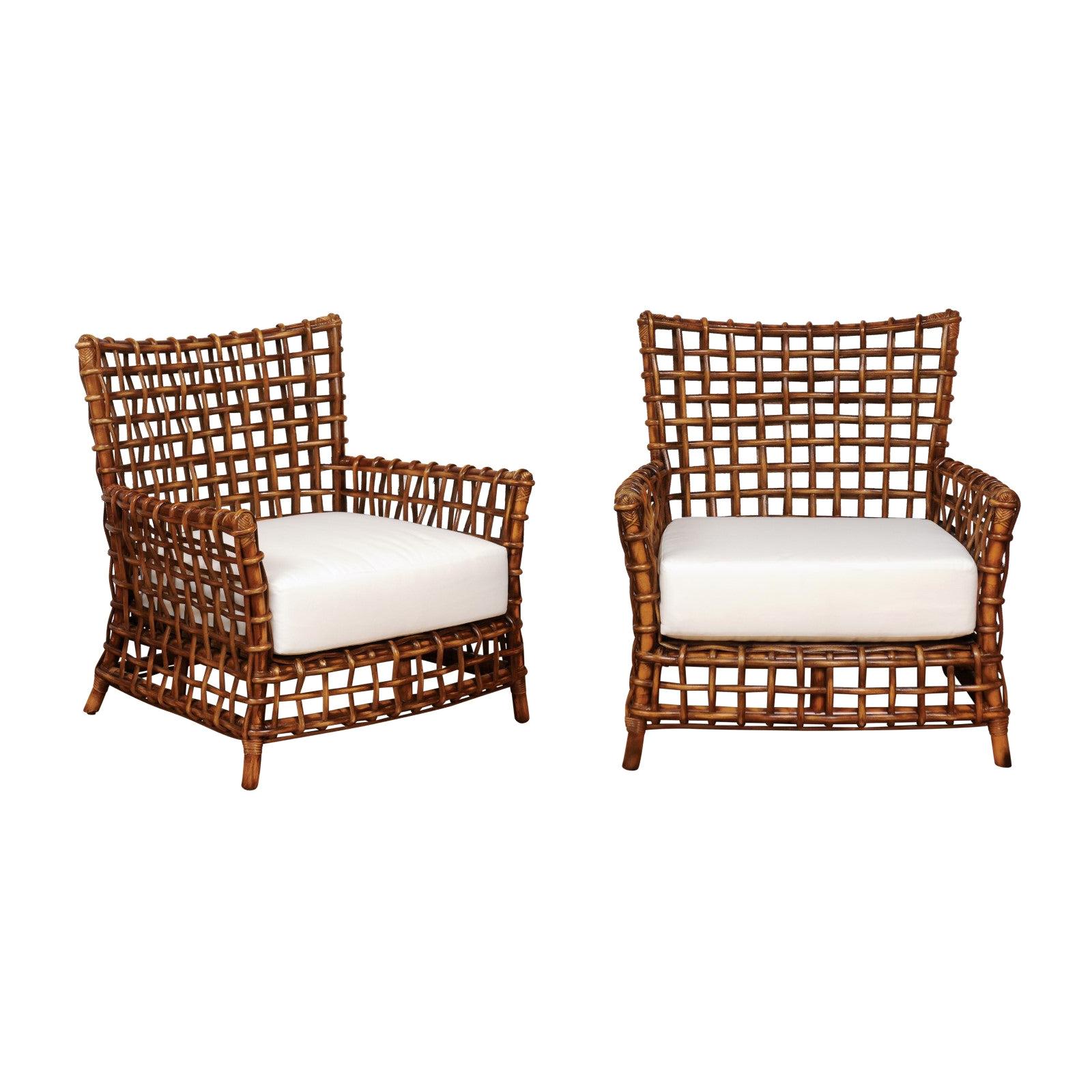 Fabulous Pair of Caramel Rattan and Cane Club Chairs - 2 Pair Available For Sale