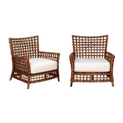 Retro Fabulous Pair of Caramel Rattan and Cane Club Chairs - 2 Pair Available