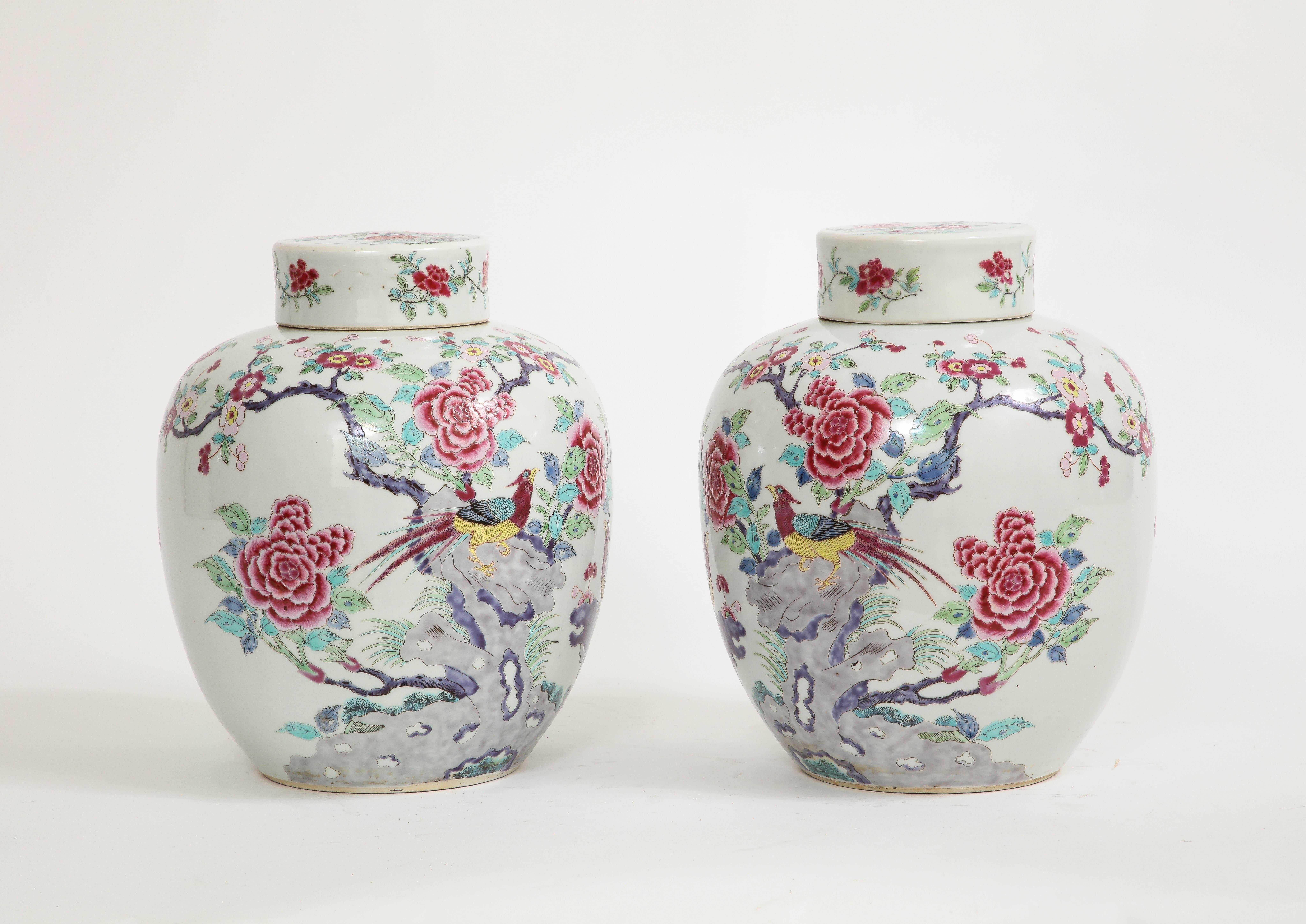 Presenting an exquisite duo of antique ginger jars, dating back to the year 1810. These captivating pieces showcase the renowned Famille Rose porcelain originating from China, featuring a delicate fusion of pretty colors creating a vibrant tapestry.