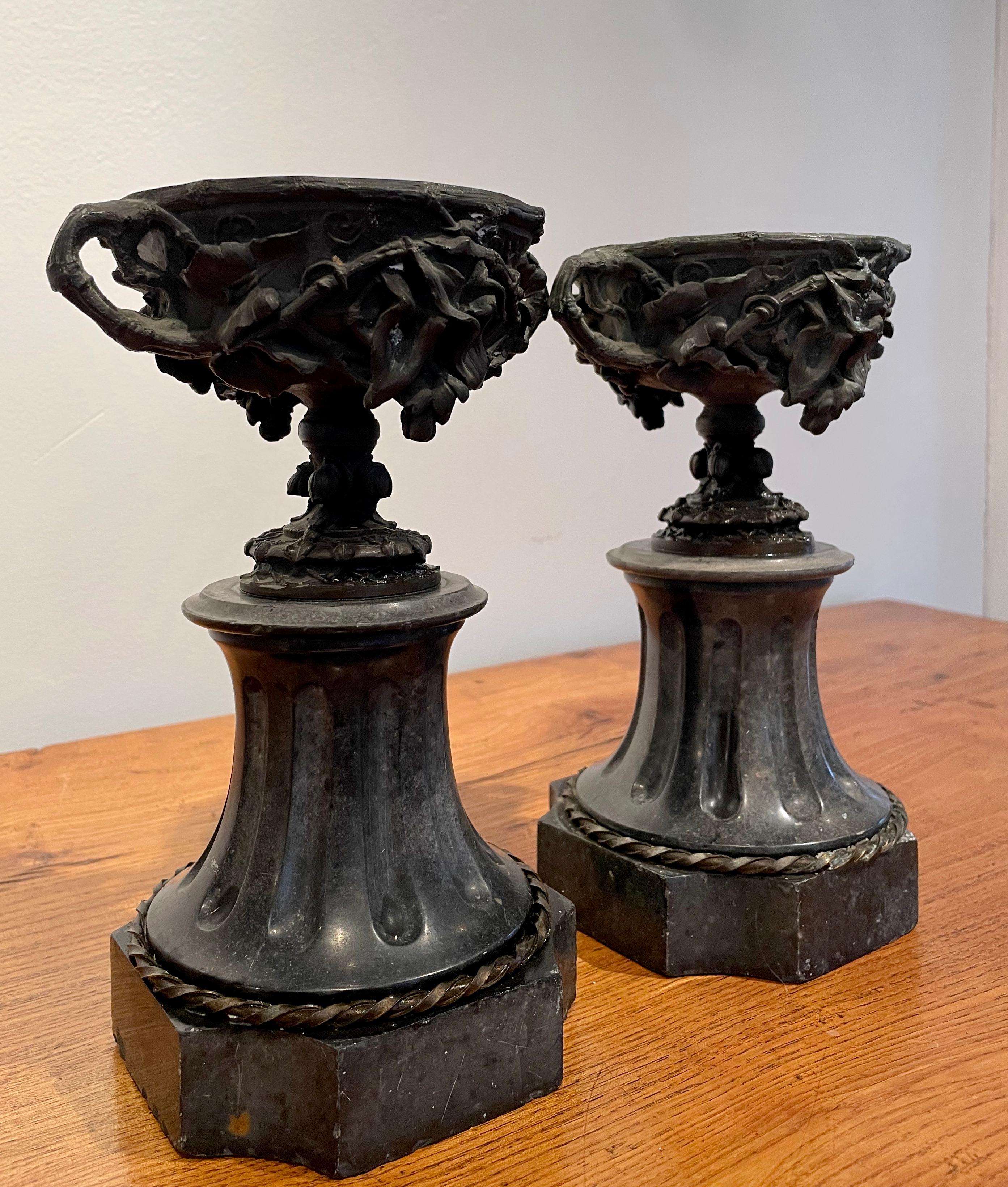 Neoclassical Fabulous Pair of French 19th Century Bronze and Marble Garniture Urns For Sale