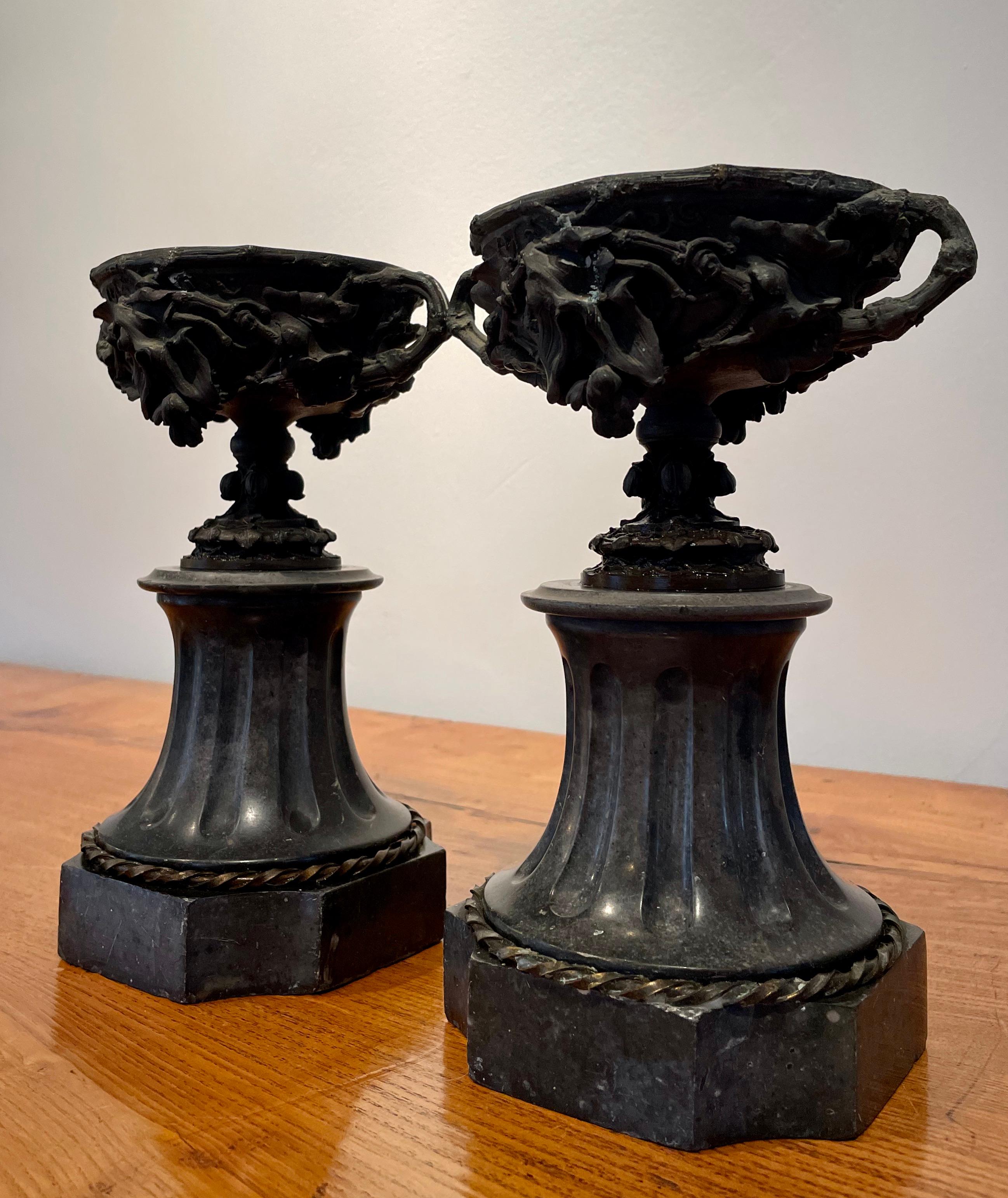 Hand-Carved Fabulous Pair of French 19th Century Bronze and Marble Garniture Urns For Sale