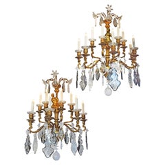 Antique Fabulous Pair of Gilt Bronze and Crystal Wall Sconces