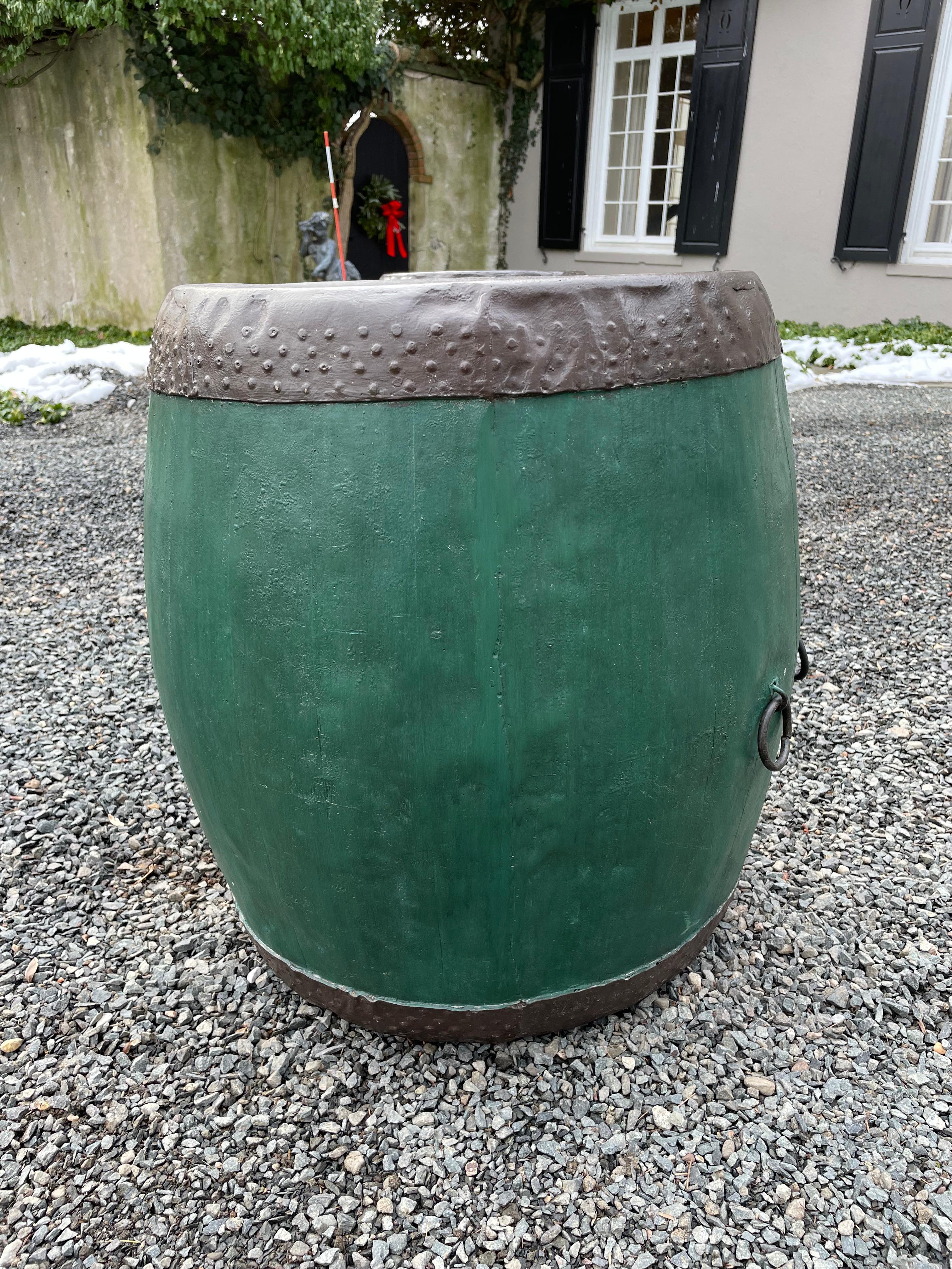 Late 20th Century Fabulous Pair of Green Wood & Metal Chinese Drum Side Tables