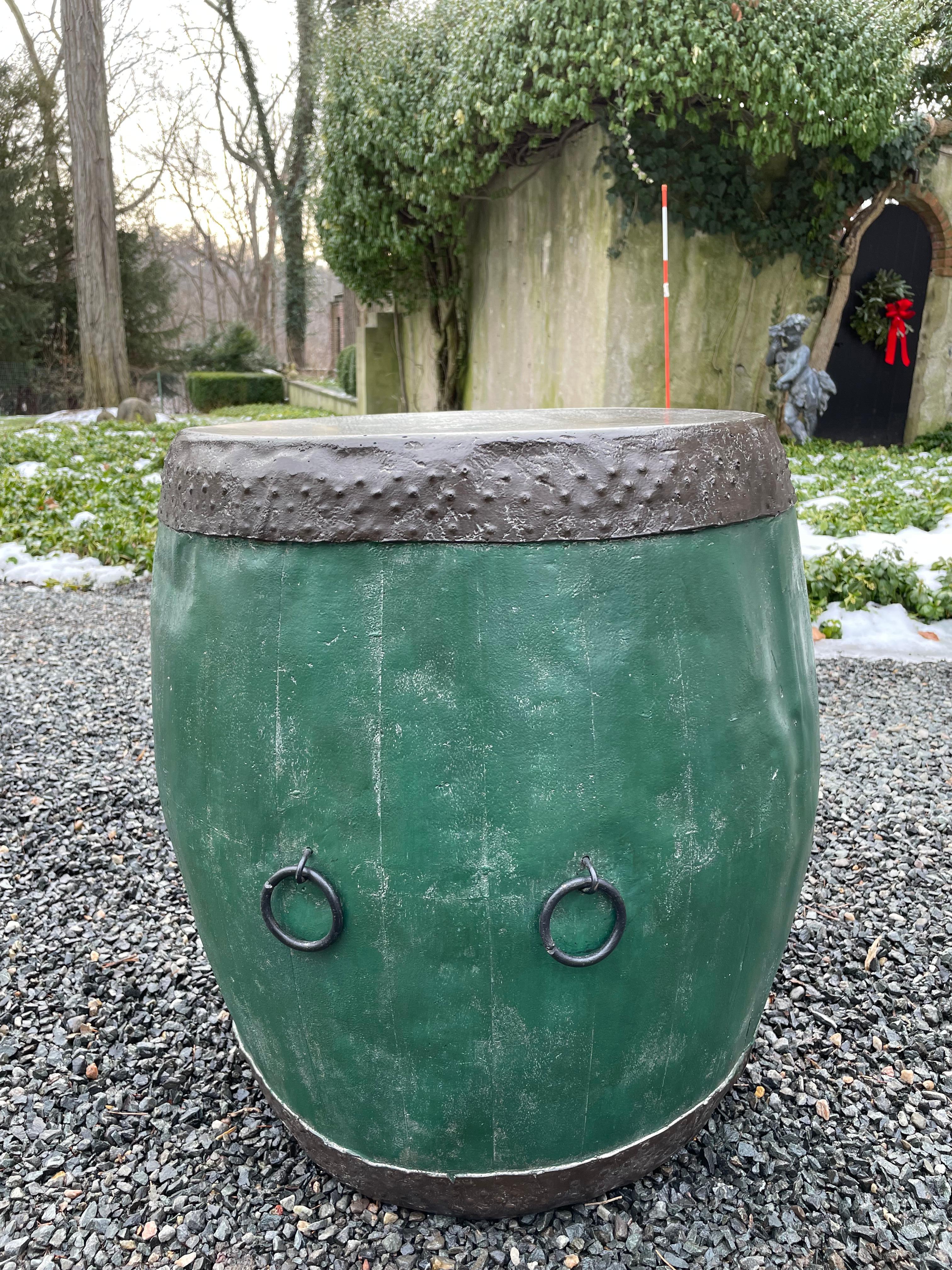 Fabulous Pair of Green Wood & Metal Chinese Drum Side Tables 3