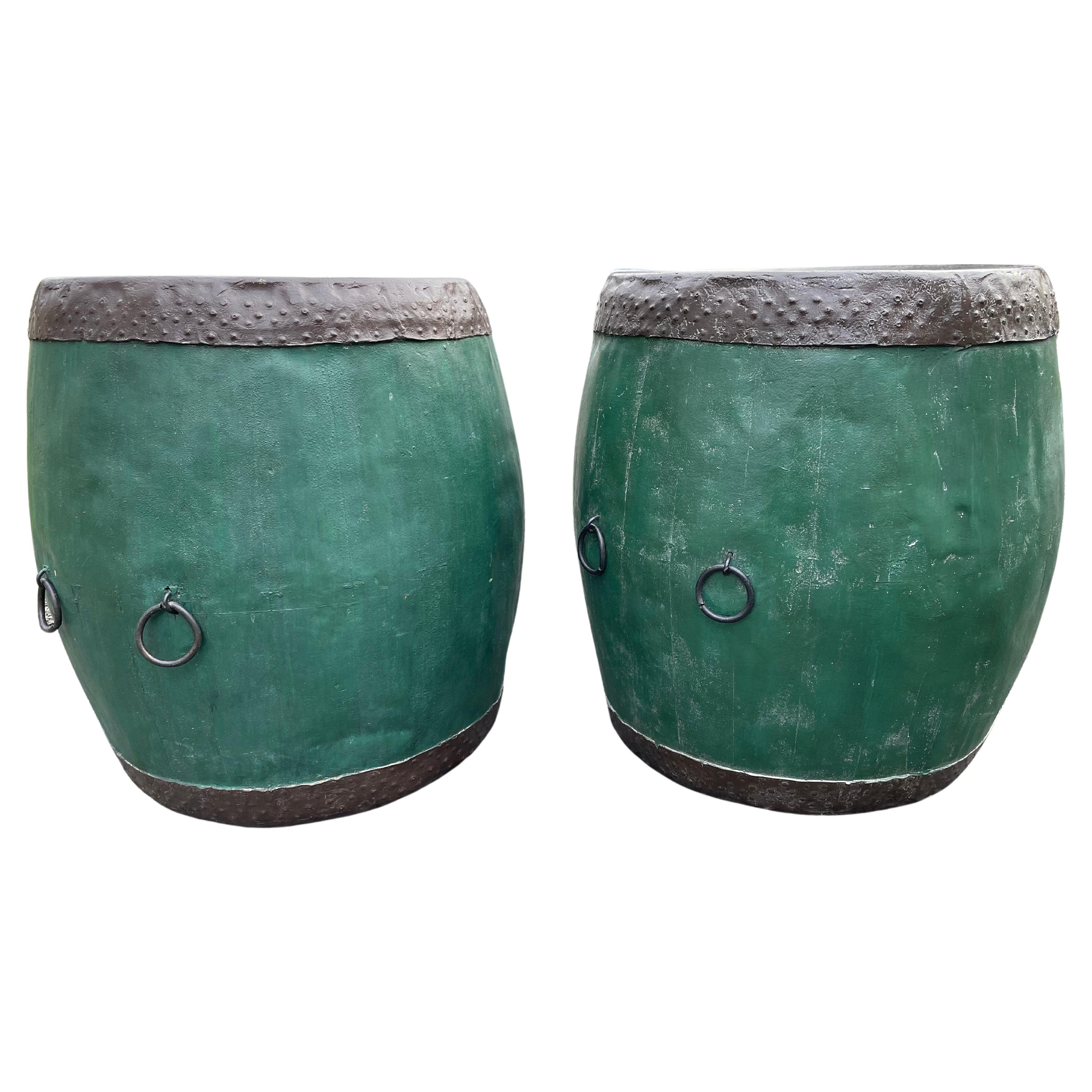 Fabulous Pair of Green Wood & Metal Chinese Drum Side Tables