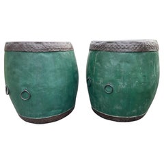 Fabulous Pair of Green Wood & Metal Chinese Drum Side Tables