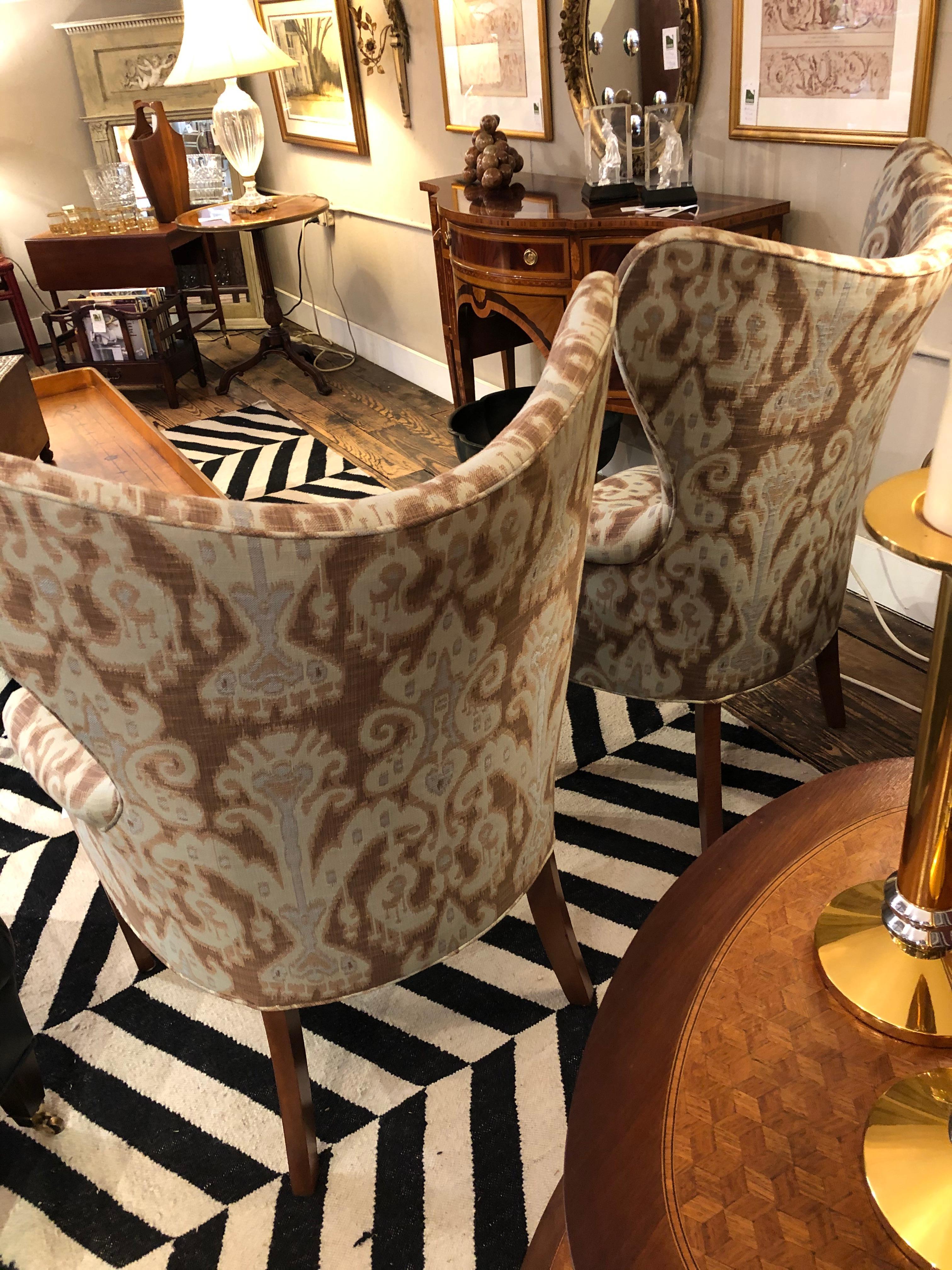 Fabulous Pair of Ikat Upholstered Wing Chairs 2