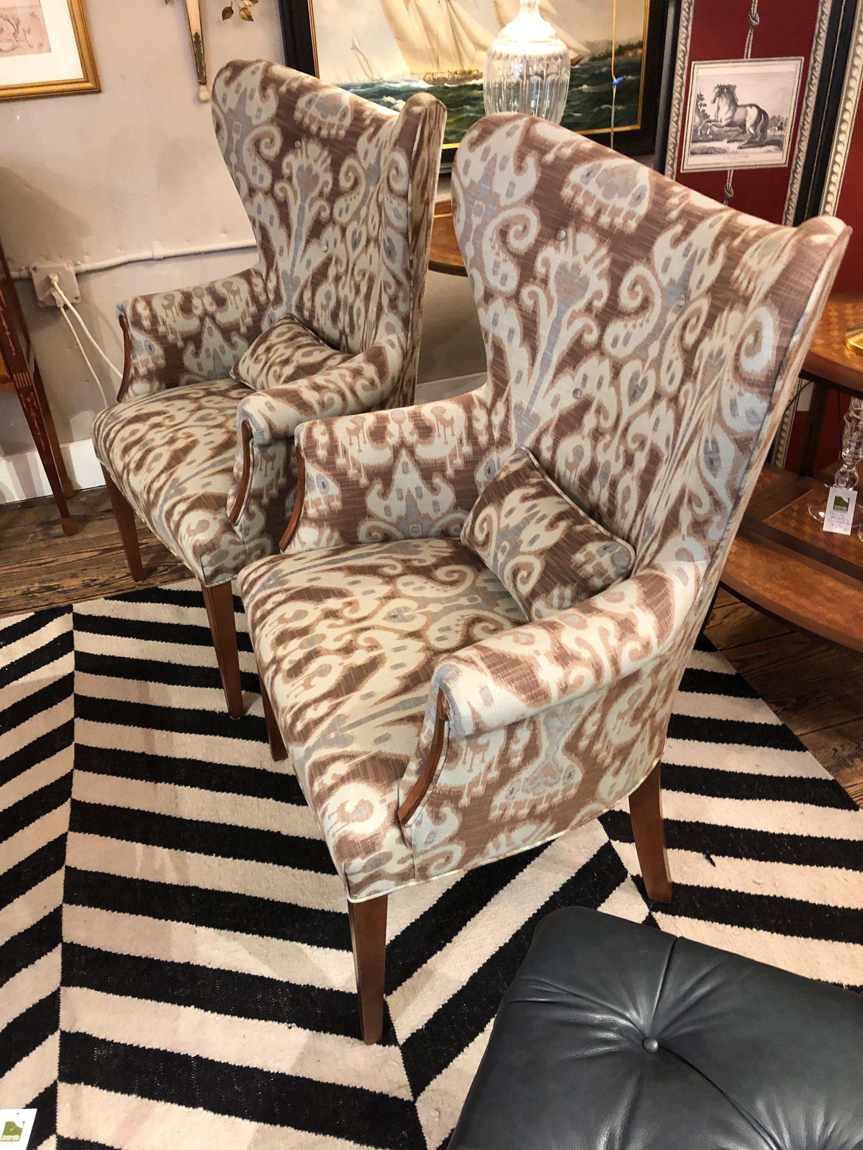 Fabulous Pair of Ikat Upholstered Wing Chairs 3