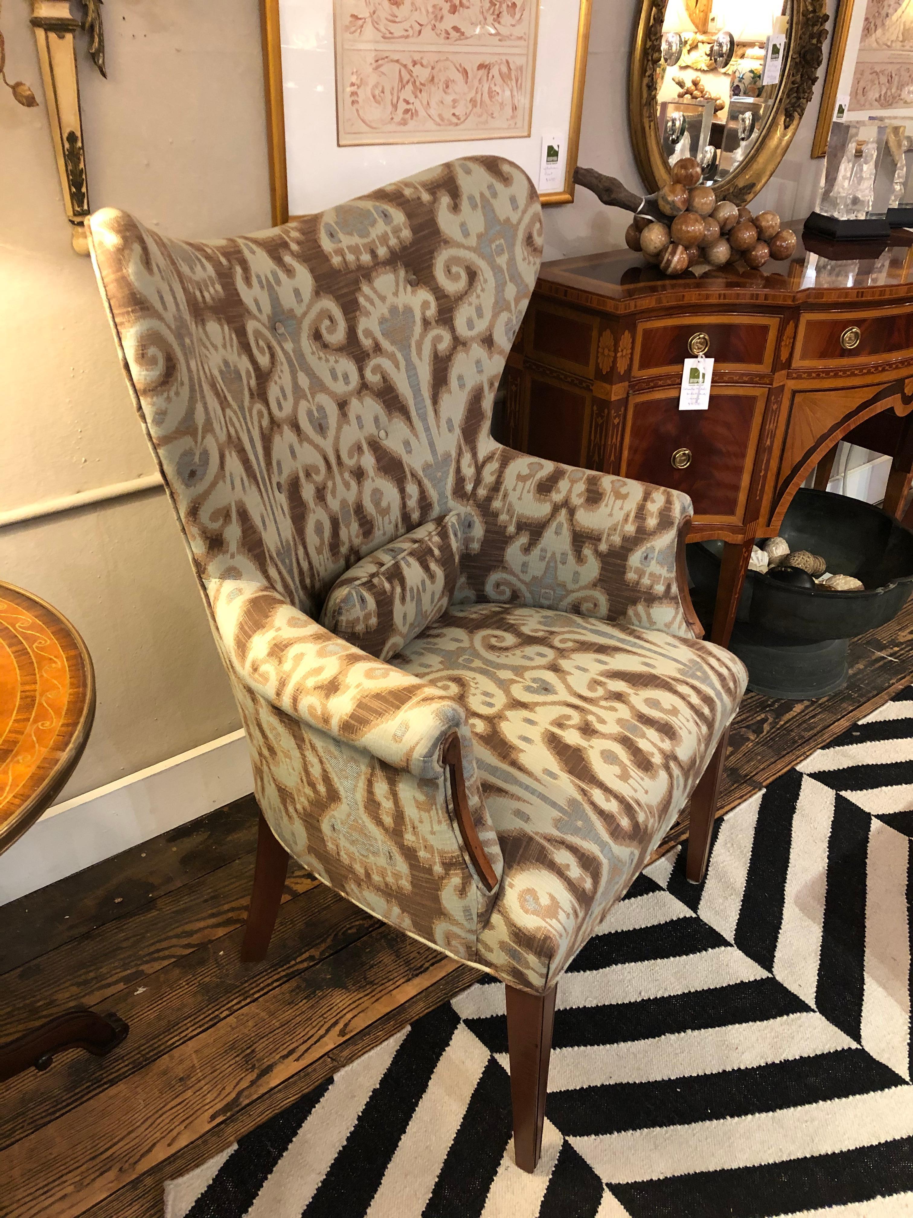 American Fabulous Pair of Ikat Upholstered Wing Chairs
