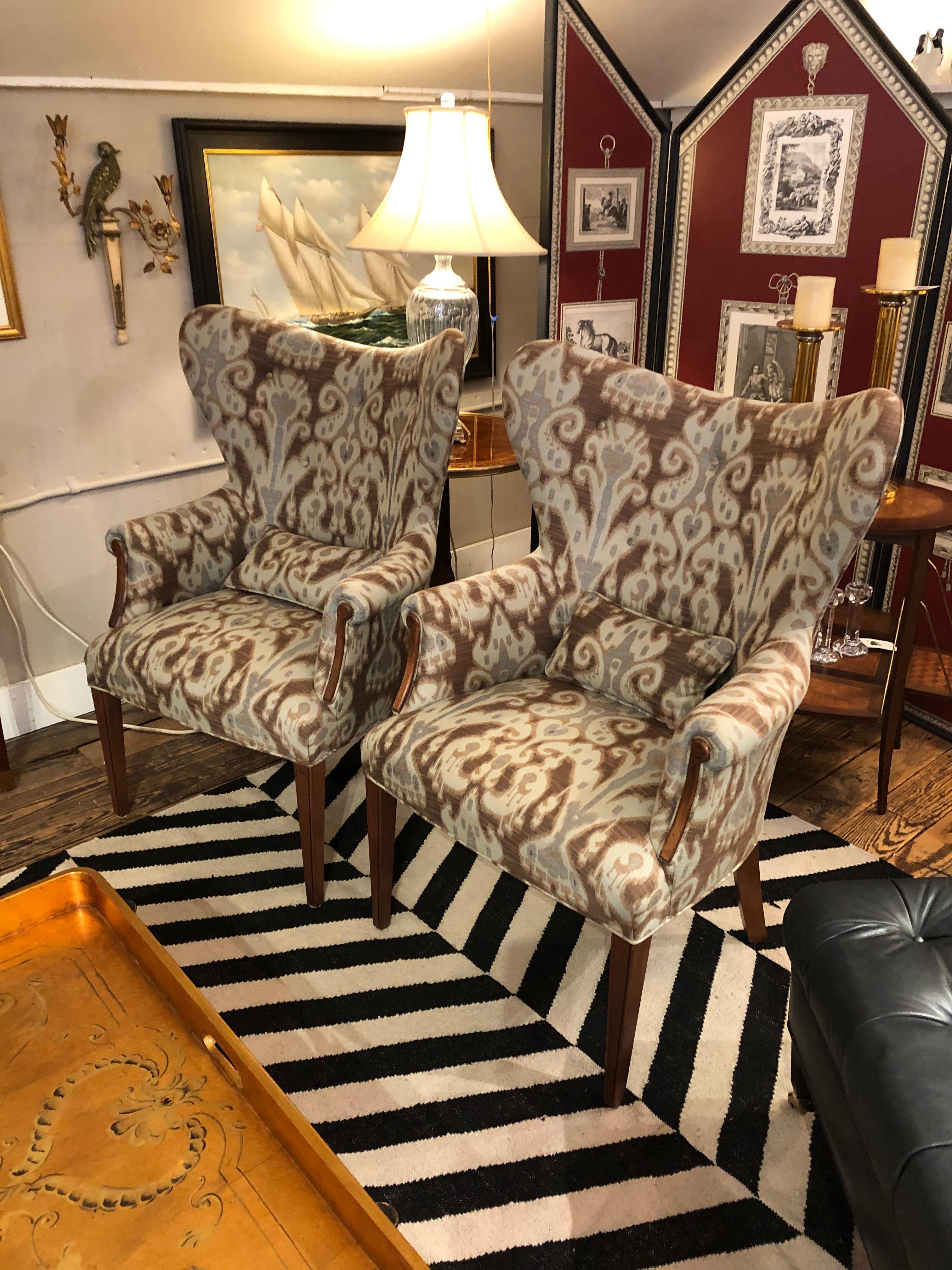 Fabulous Pair of Ikat Upholstered Wing Chairs 1