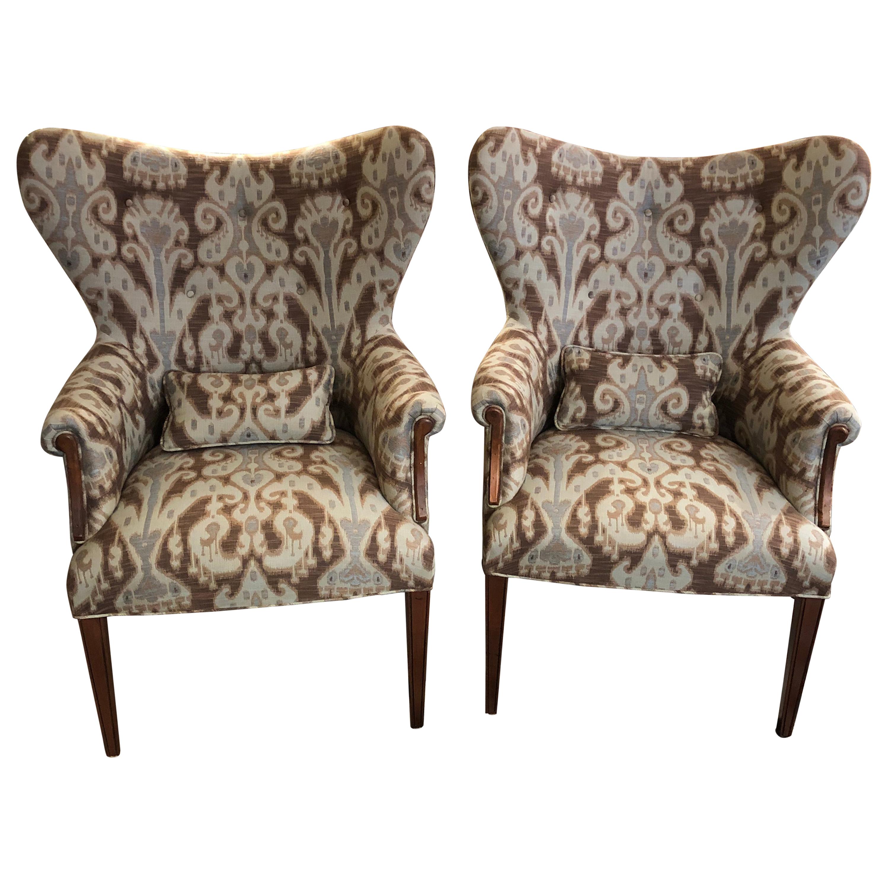 Fabulous Pair of Ikat Upholstered Wing Chairs