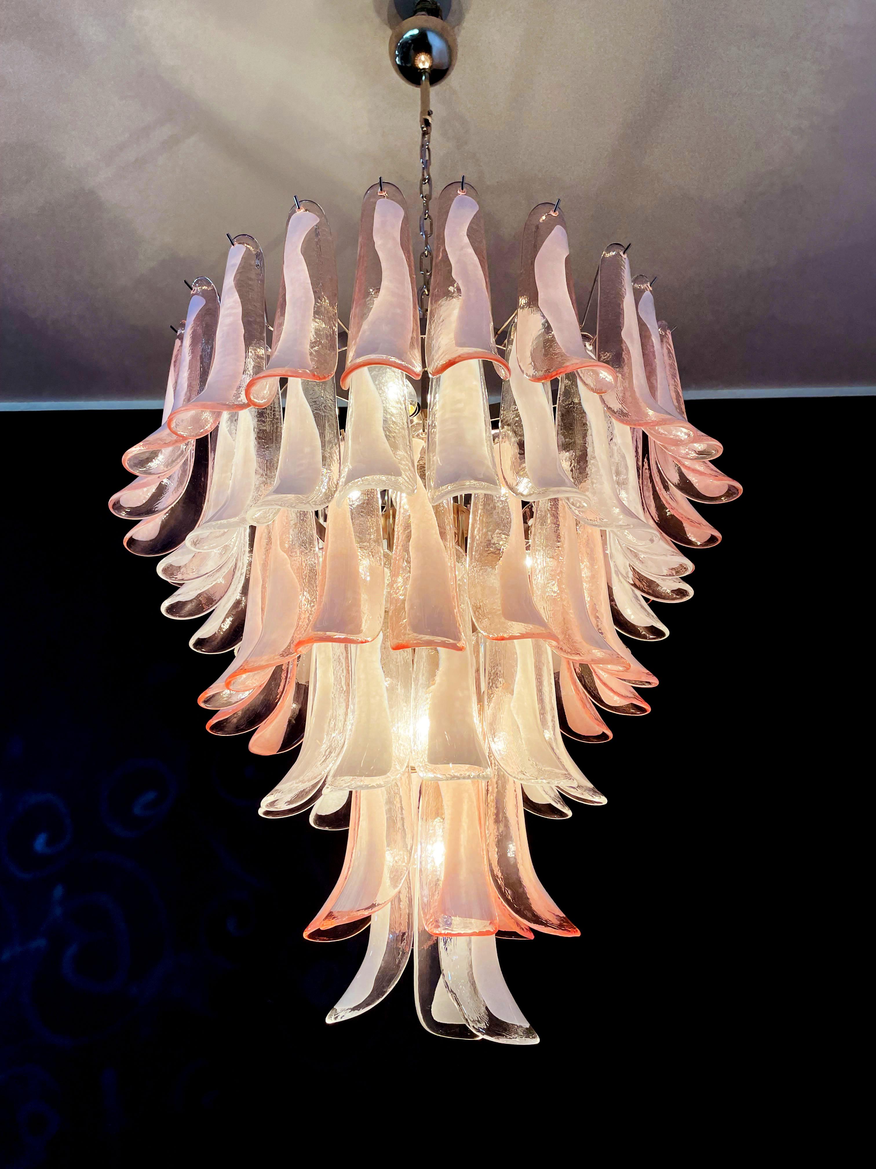 Fabulous Pair of Italian 75 Pink and White Petal Chandeliers, Murano For Sale 6