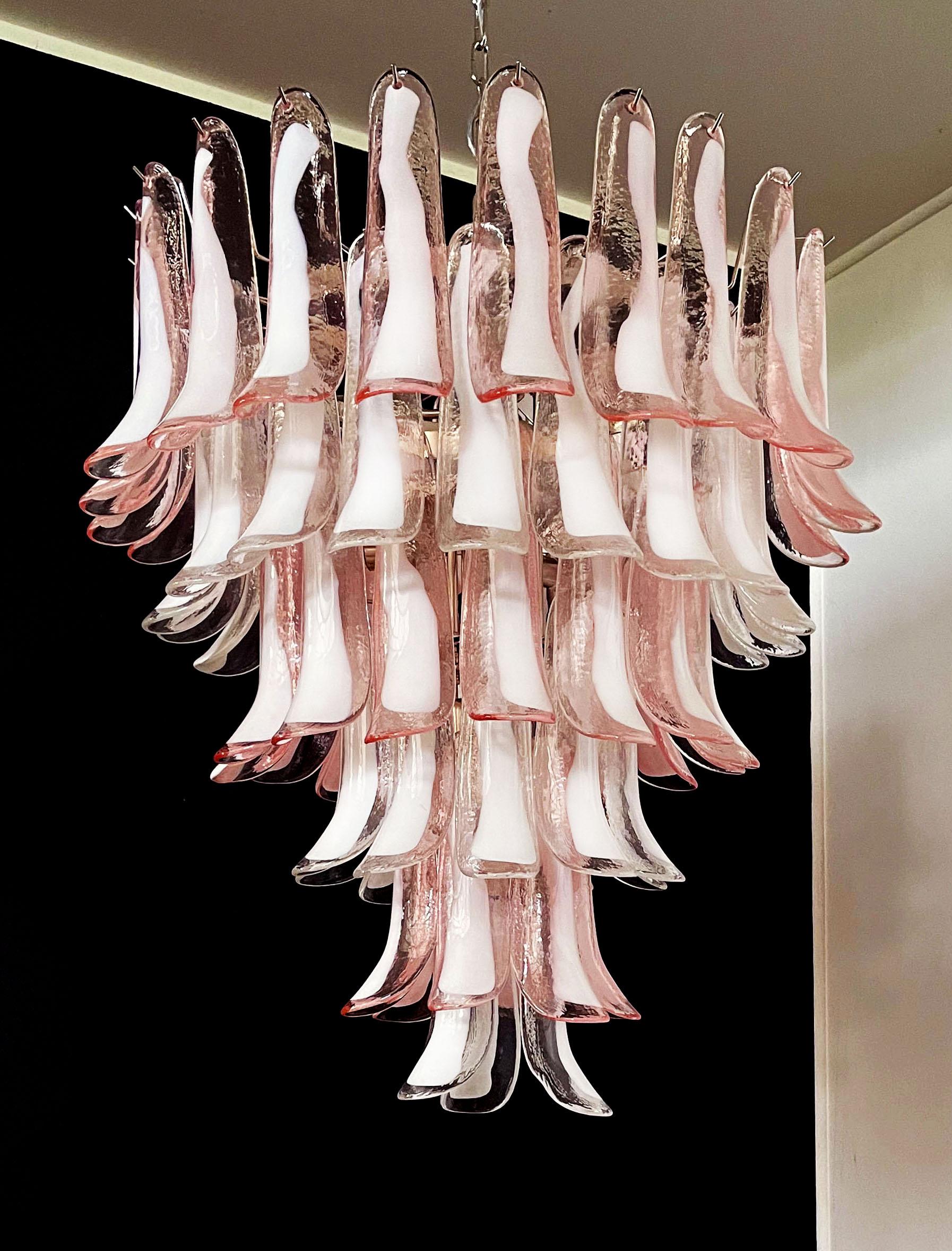 Fabulous Pair of Italian 75 Pink and White Petal Chandeliers, Murano For Sale 8