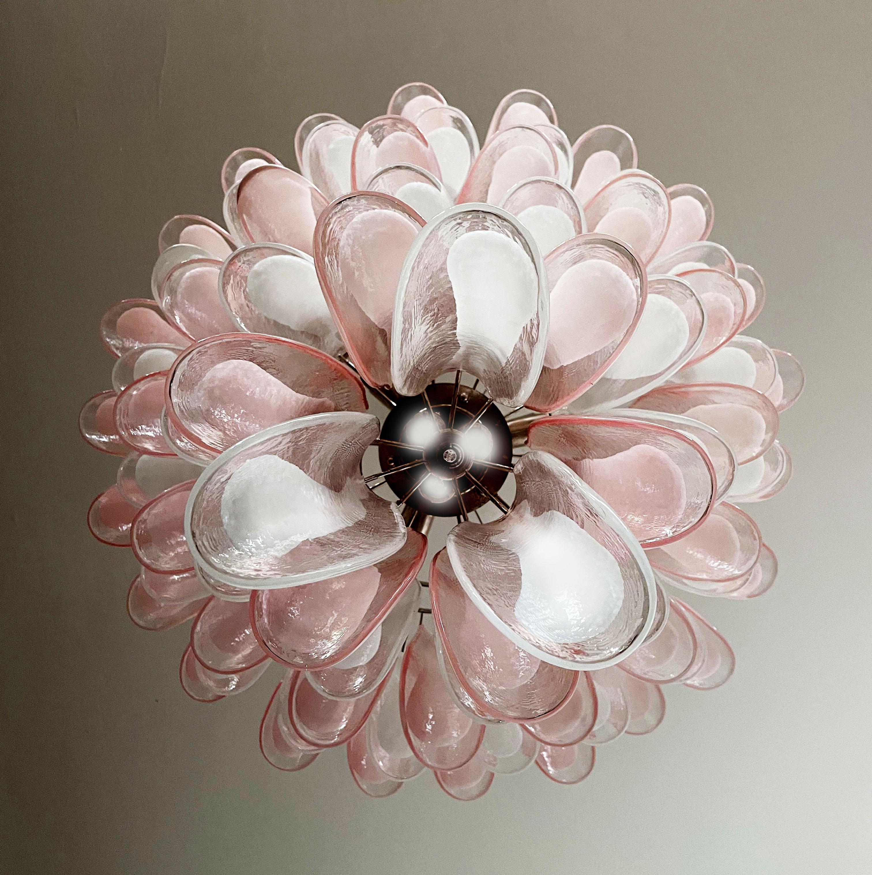 Fabulous Pair of Italian 75 Pink and White Petal Chandeliers, Murano For Sale 9