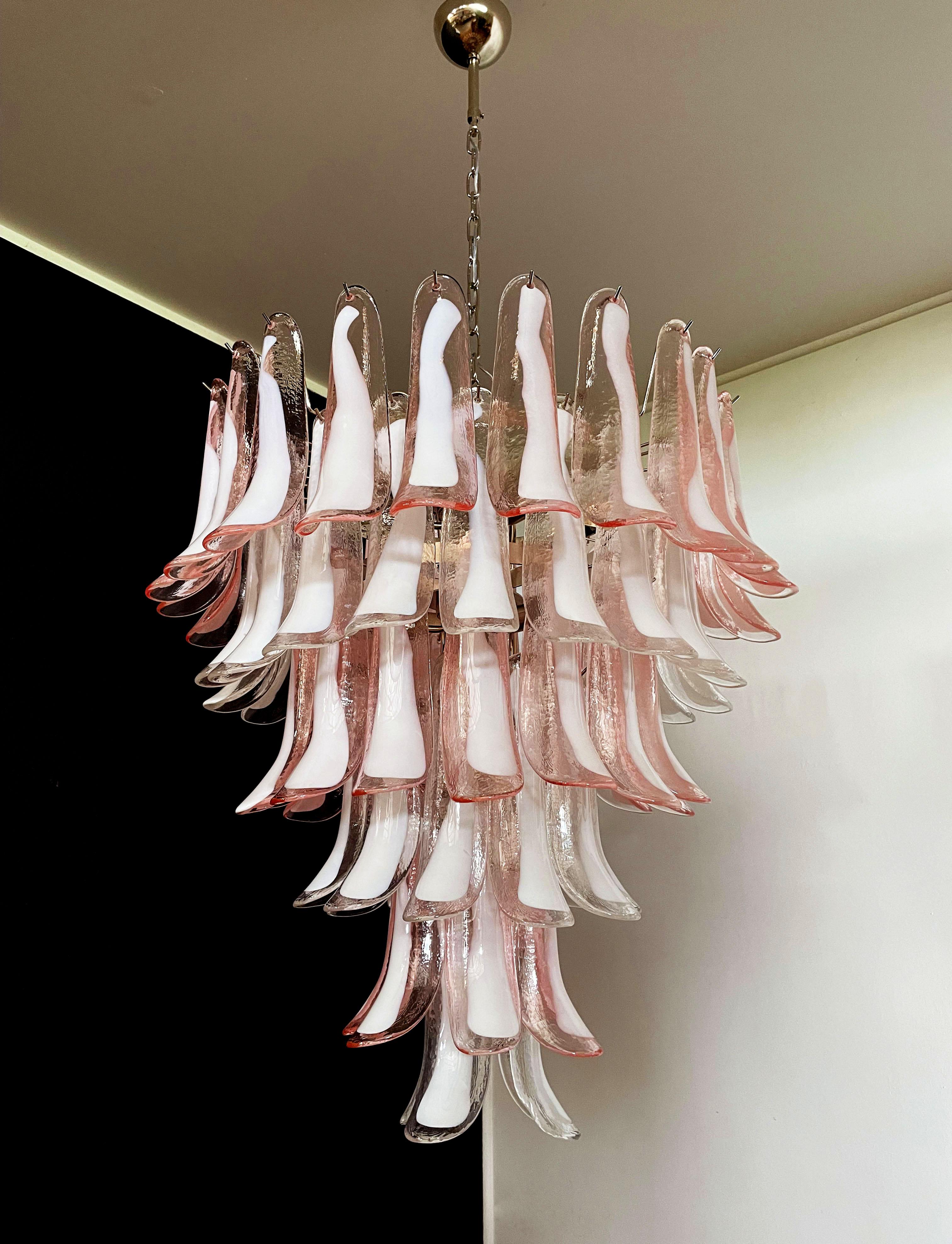 Fabulous Pair of Italian 75 Pink and White Petal Chandeliers, Murano For Sale 10