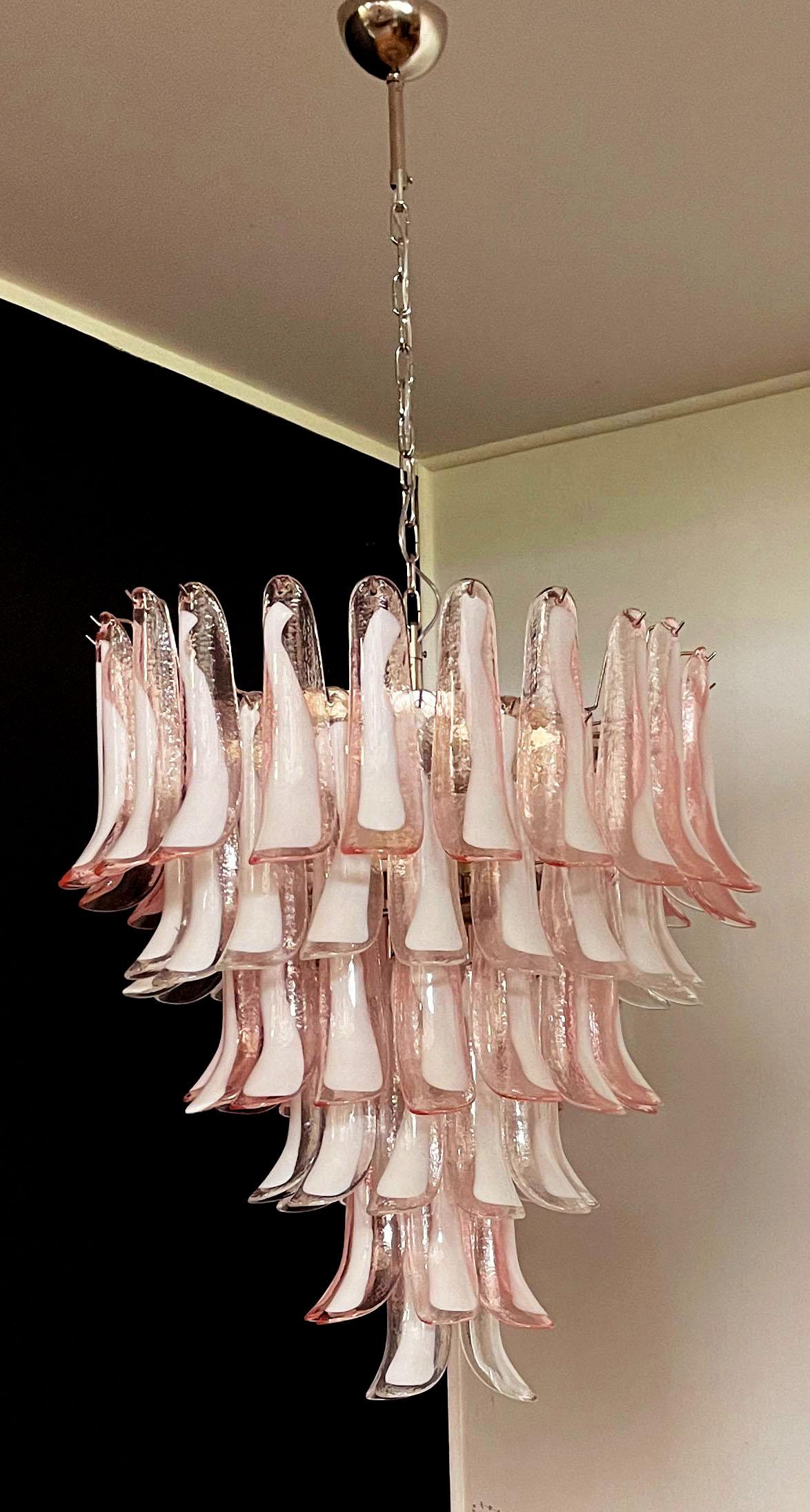 Fabulous Pair of Italian 75 Pink and White Petal Chandeliers, Murano For Sale 11