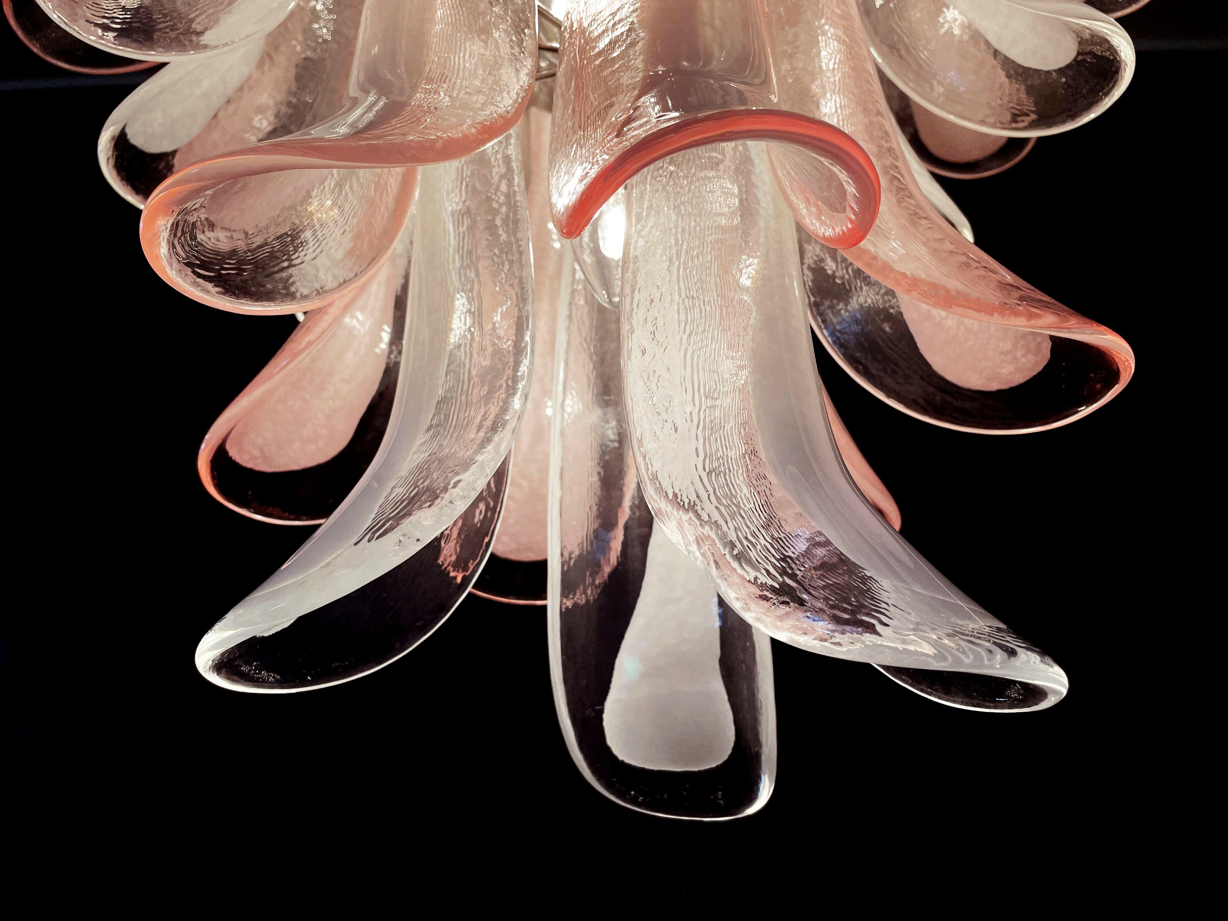 Late 20th Century Fabulous Pair of Italian 75 Pink and White Petal Chandeliers, Murano For Sale