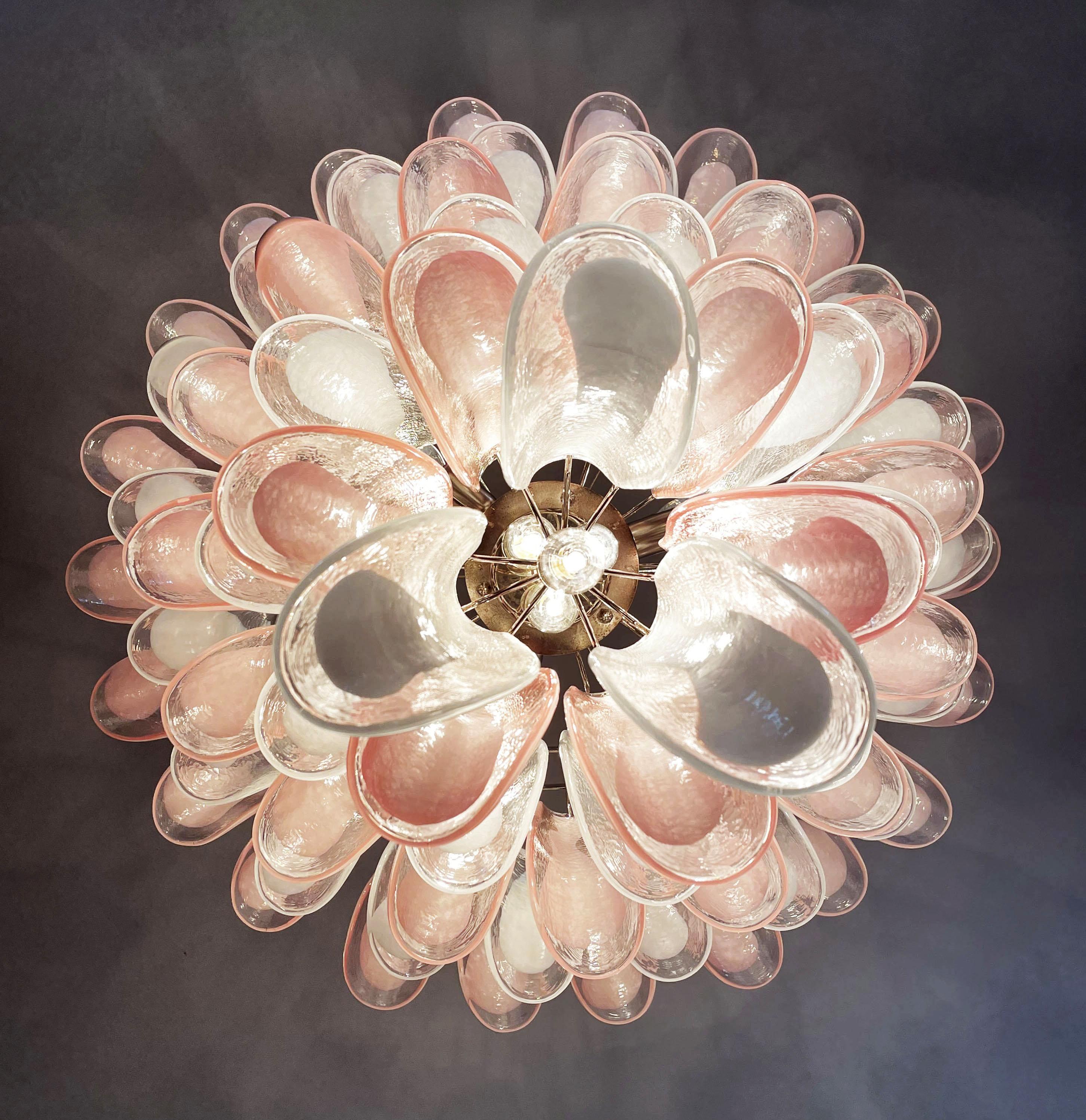 Murano Glass Fabulous Pair of Italian 75 Pink and White Petal Chandeliers, Murano For Sale