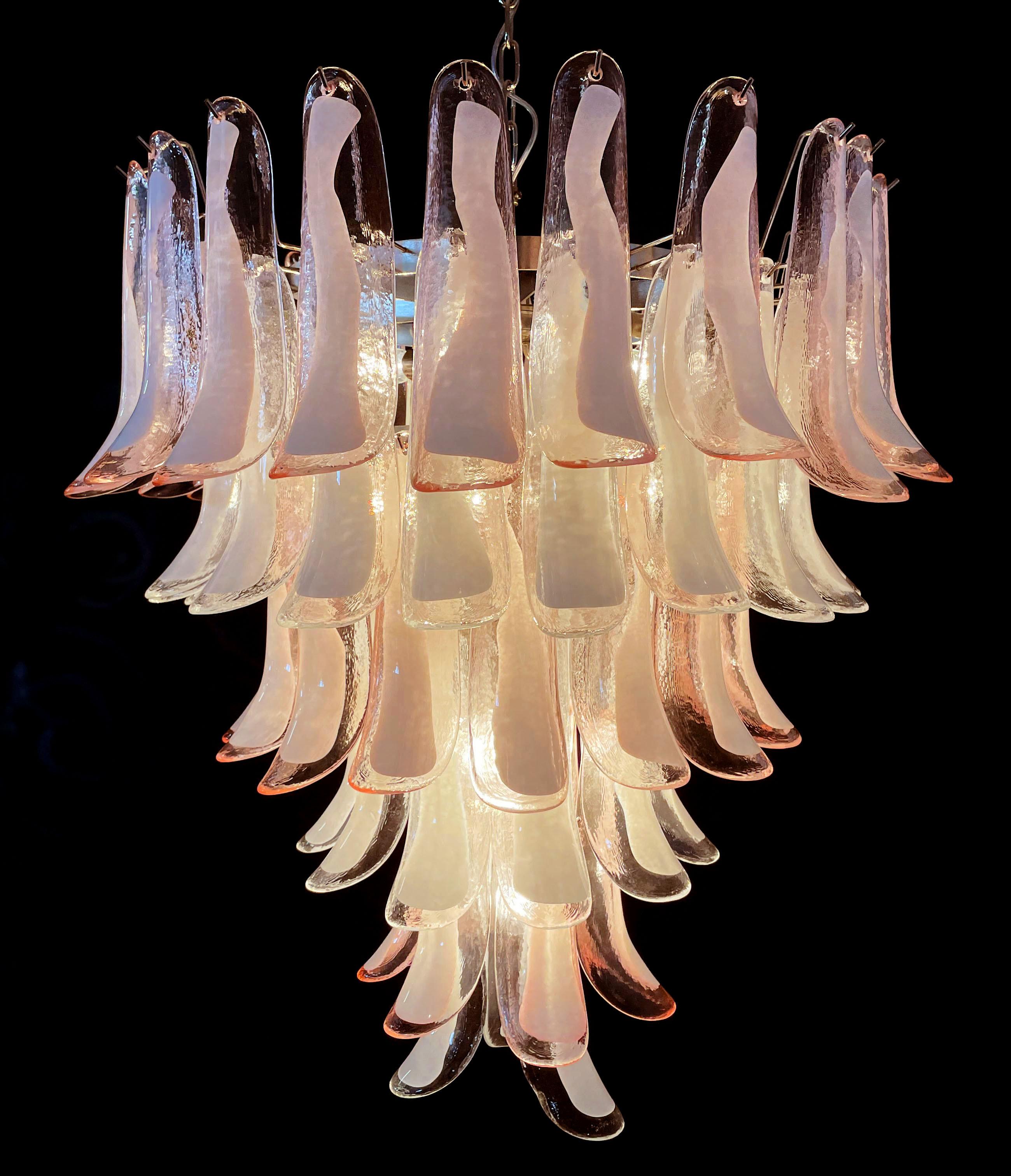 Fabulous Pair of Italian 75 Pink and White Petal Chandeliers, Murano For Sale 2