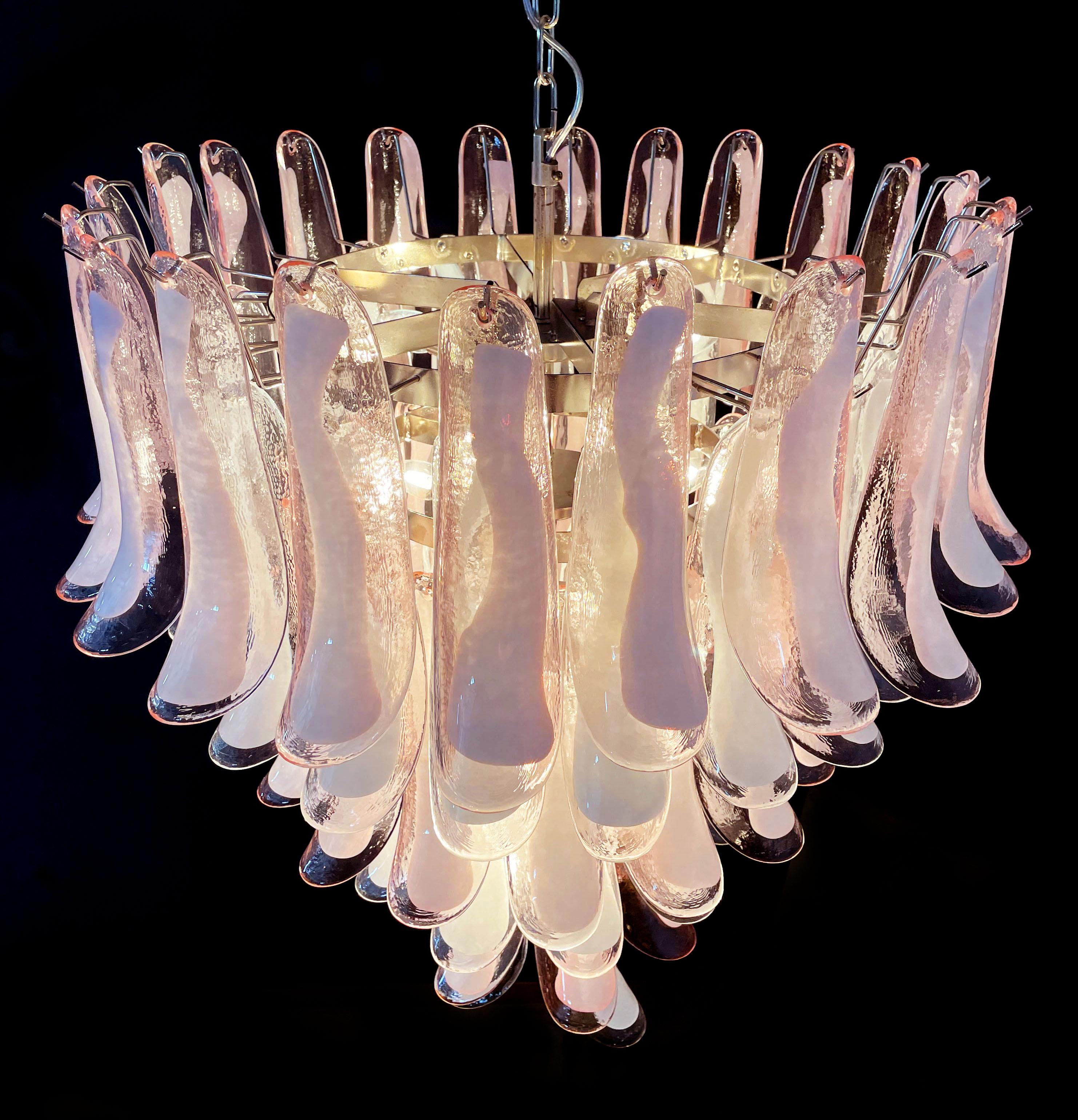 Fabulous Pair of Italian 75 Pink and White Petal Chandeliers, Murano For Sale 3