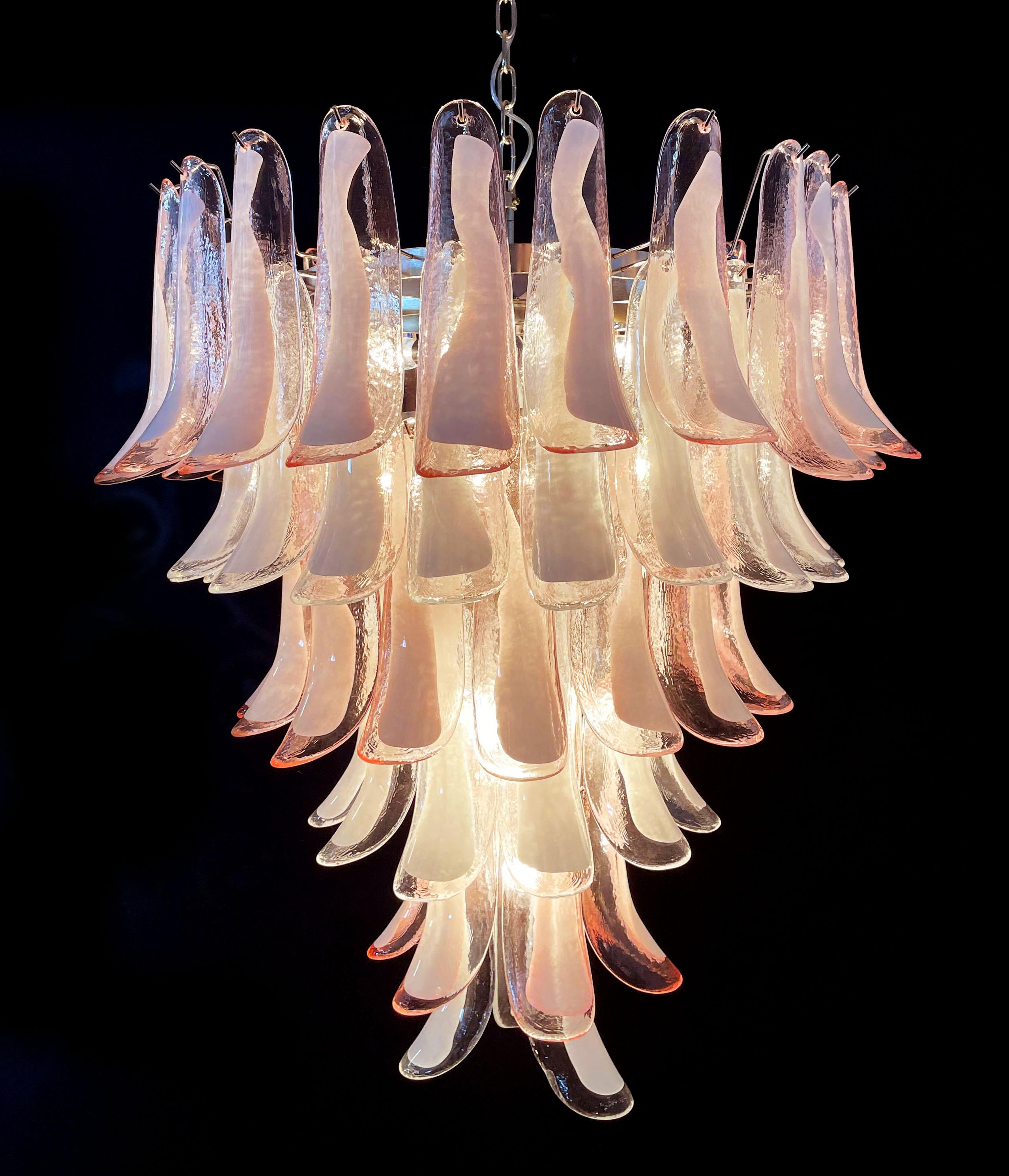 Fabulous Pair of Italian 75 Pink and White Petal Chandeliers, Murano For Sale 4