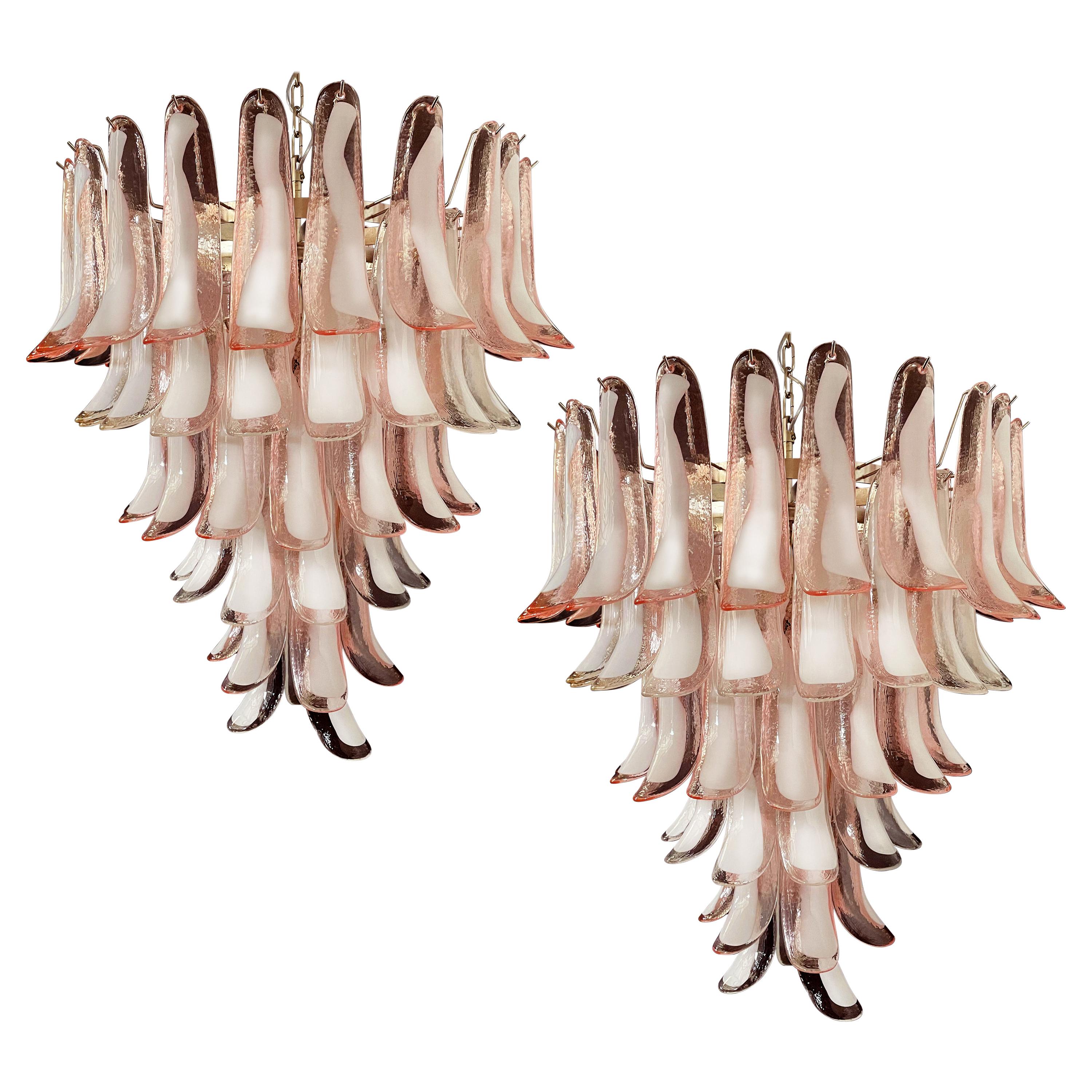 Fabulous Pair of Italian 75 Pink and White Petal Chandeliers, Murano For Sale