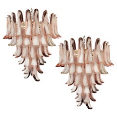 Fabulous Pair of Italian 75 Pink and White Petal Chandeliers, Murano