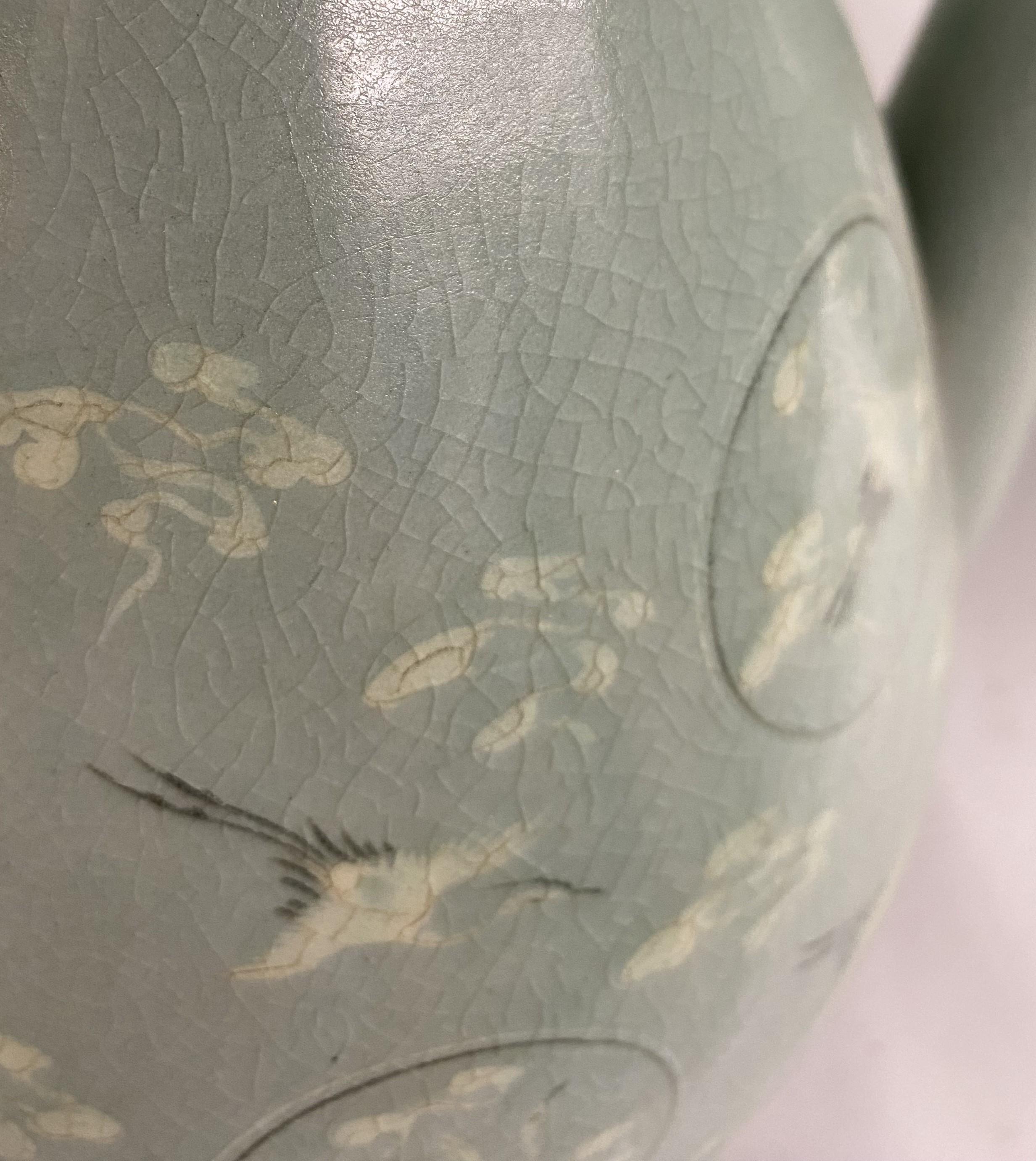 Fabulous Pair of Korean Stork Decorated Celadon Ewers For Sale 9