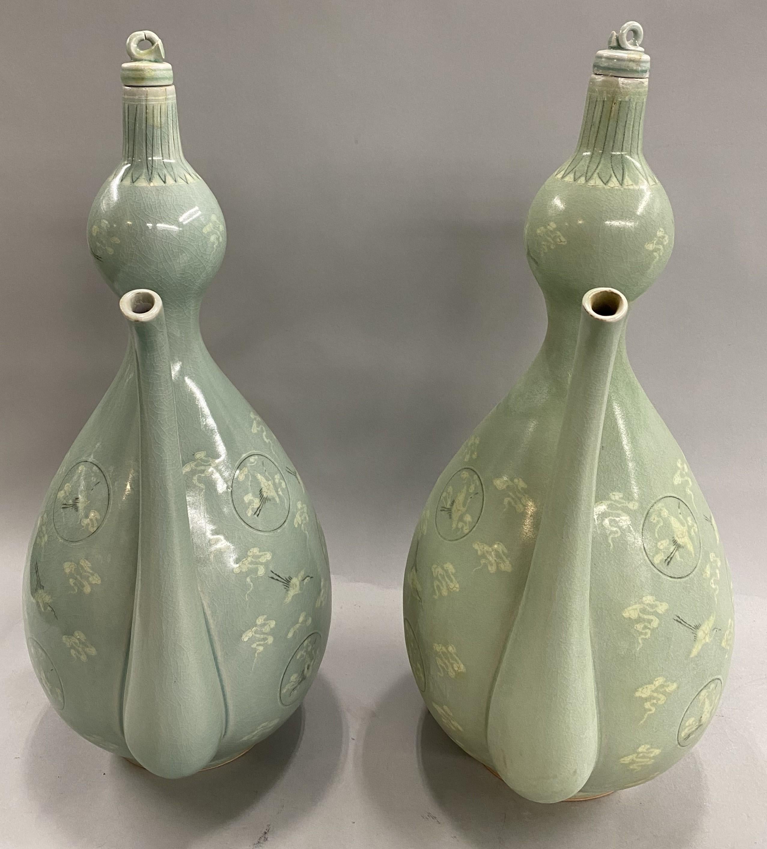 Fabulous Pair of Korean Stork Decorated Celadon Ewers In Good Condition For Sale In Milford, NH