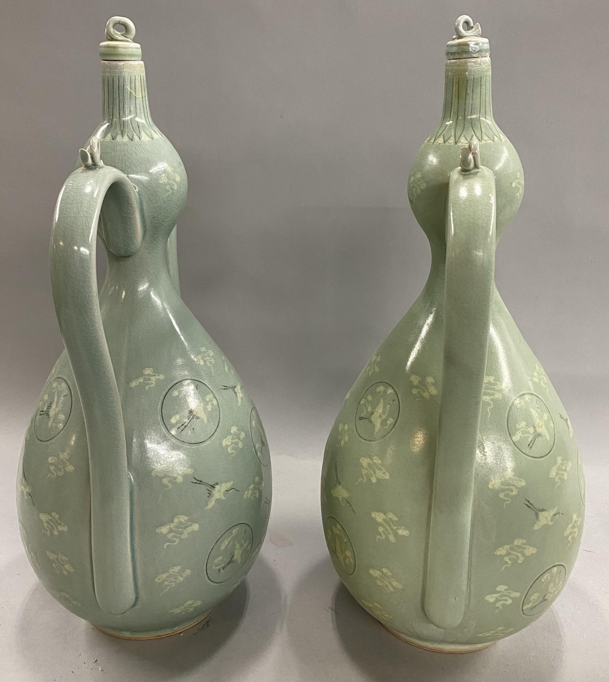 Fabulous Pair of Korean Stork Decorated Celadon Ewers For Sale 1