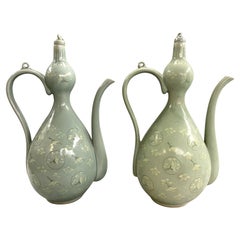 Fabulous Pair of Korean Stork Decorated Celadon Ewers