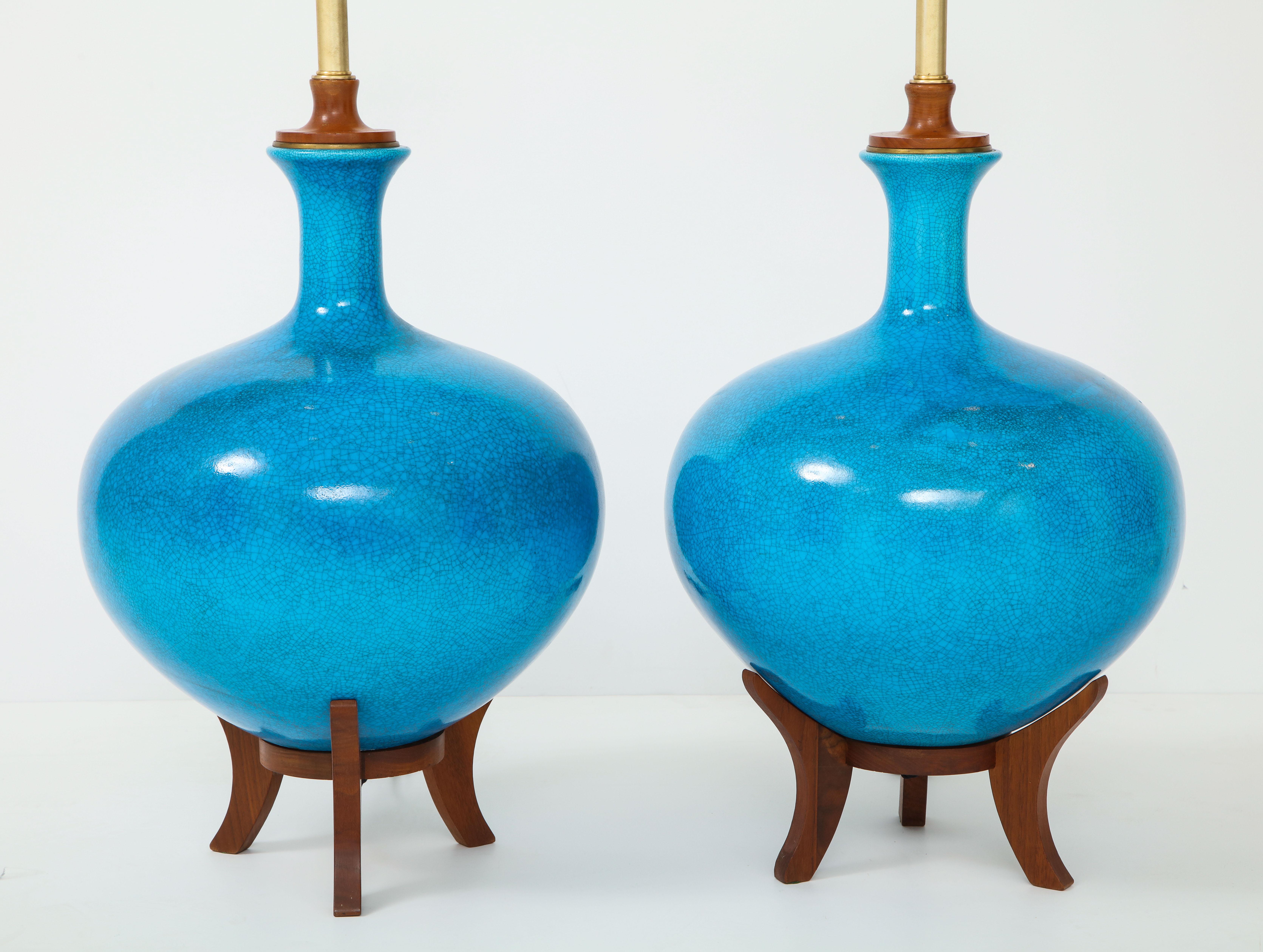 Mid-Century Modern Fabulous Pair of Mid-Century Lamps with a Cerulean Blue Glazed Finish