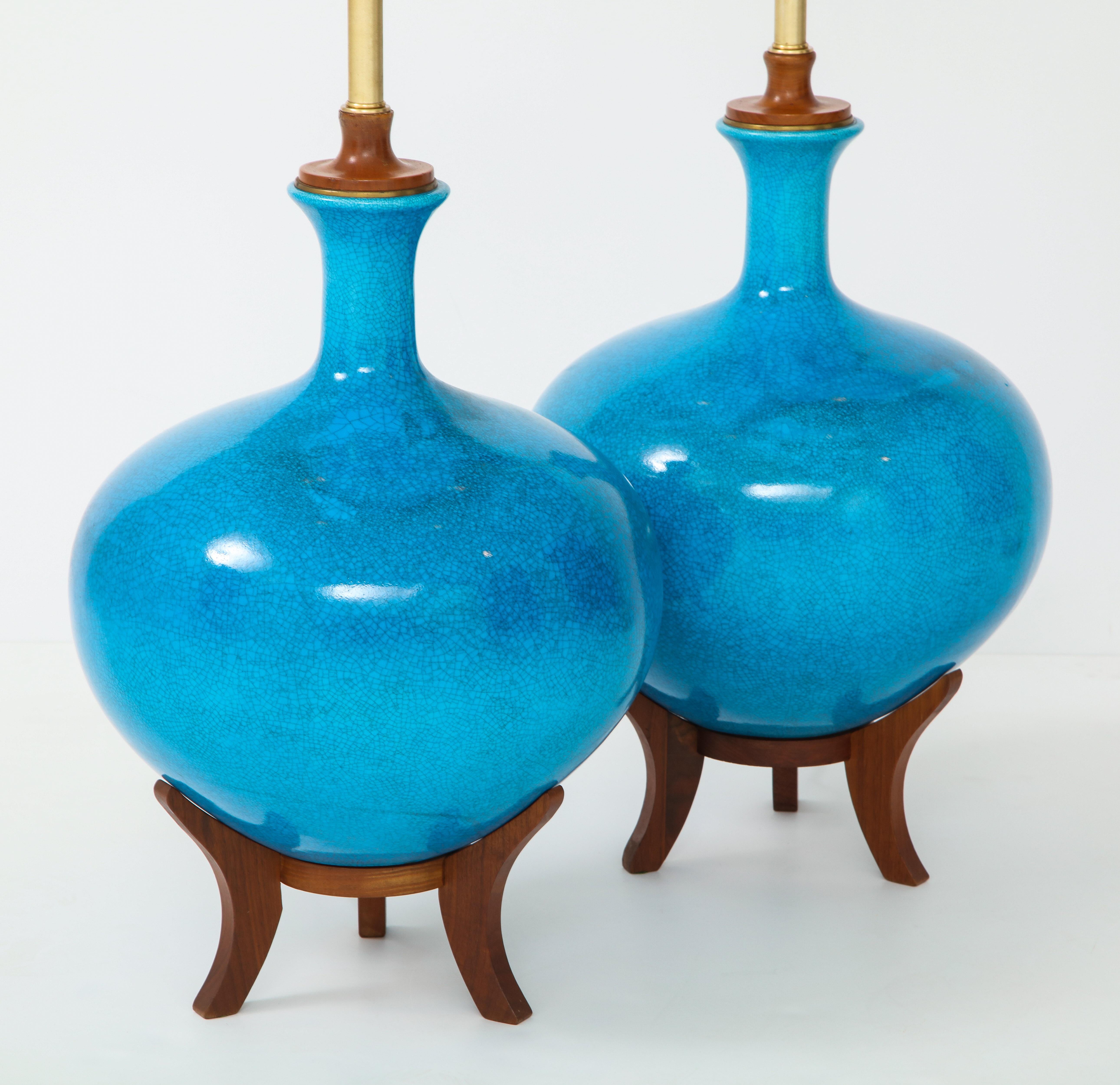 American Fabulous Pair of Mid-Century Lamps with a Cerulean Blue Glazed Finish