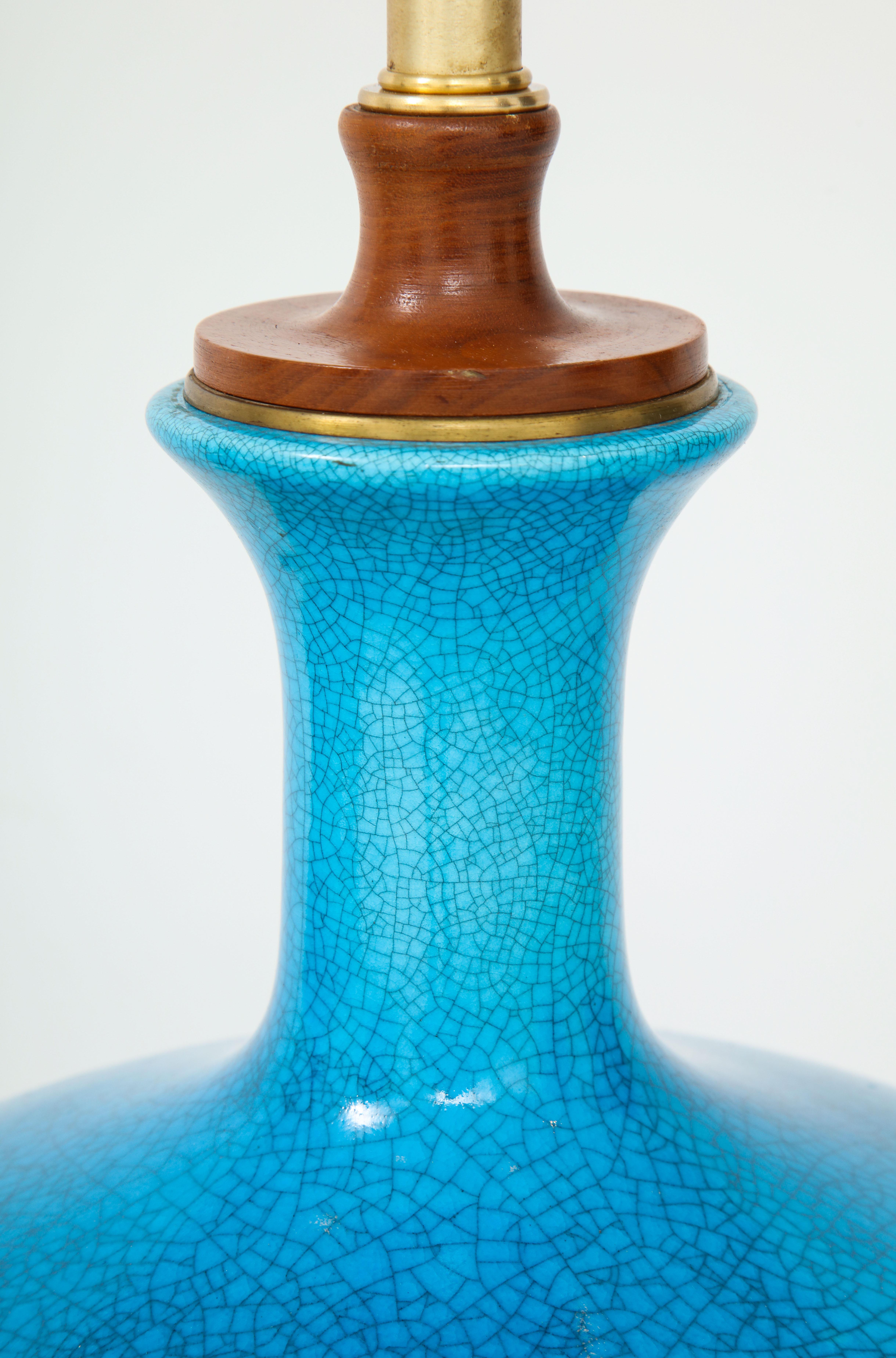 Ceramic Fabulous Pair of Mid-Century Lamps with a Cerulean Blue Glazed Finish