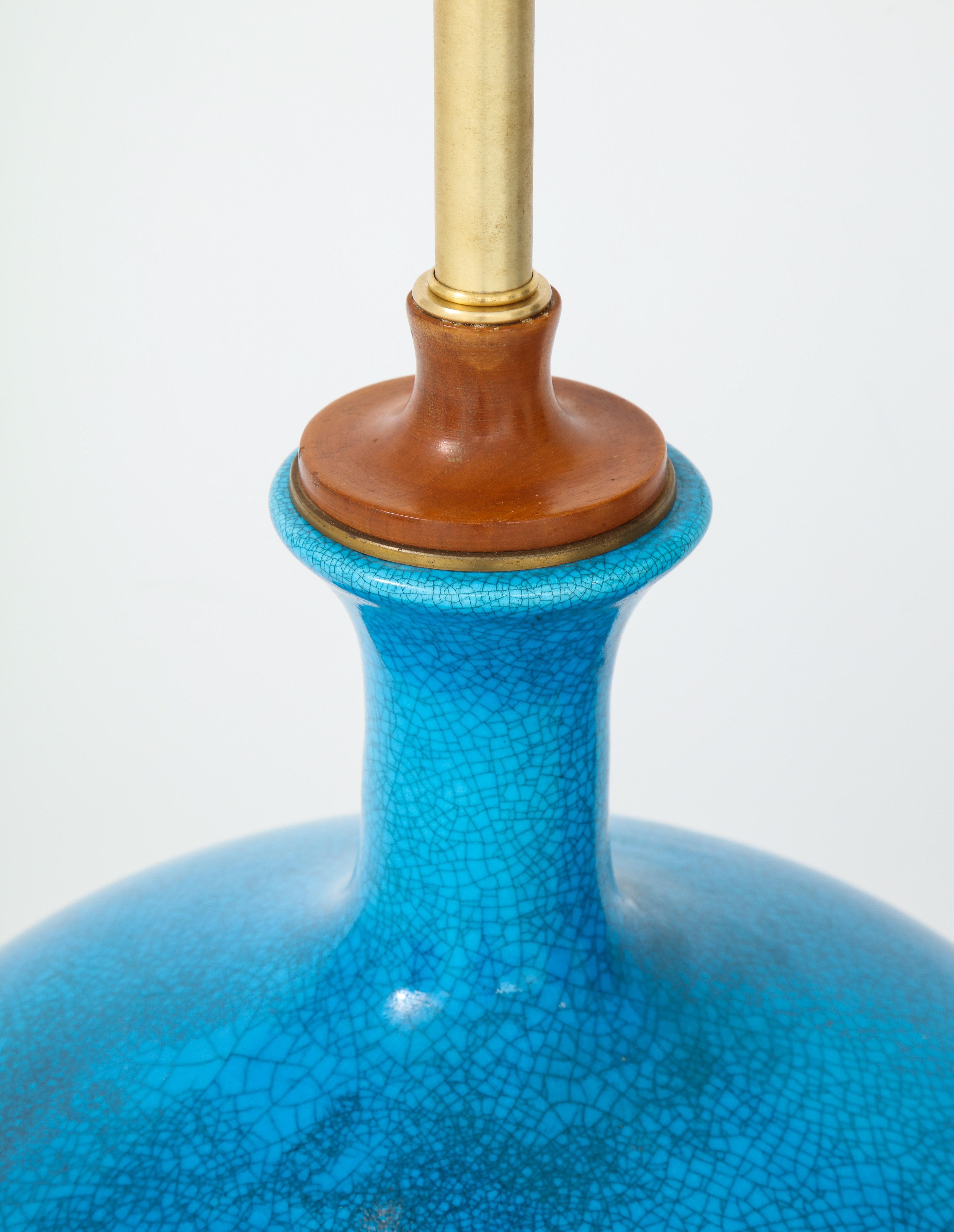 Fabulous Pair of Mid-Century Lamps with a Cerulean Blue Glazed Finish 1