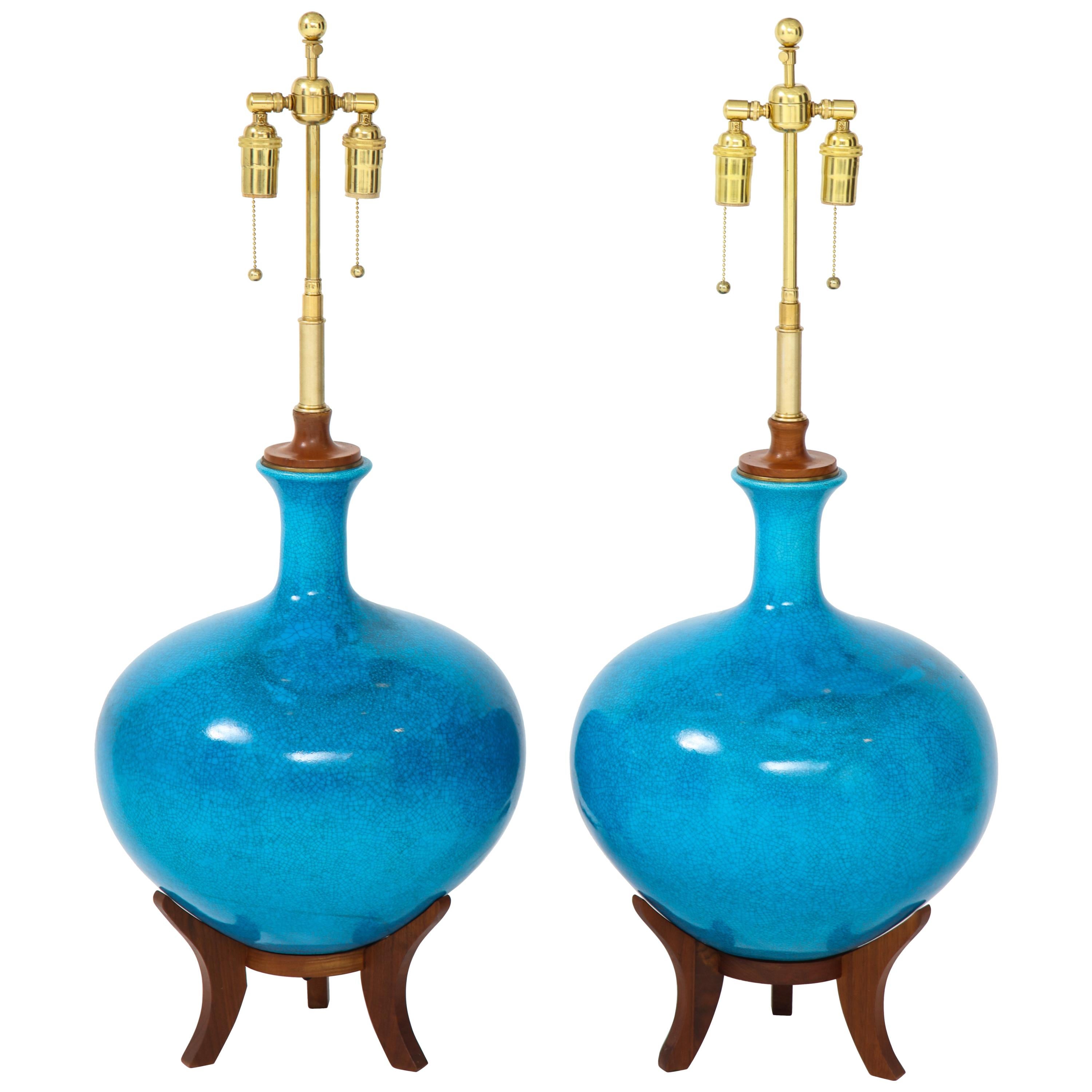 Fabulous Pair of Mid-Century Lamps with a Cerulean Blue Glazed Finish