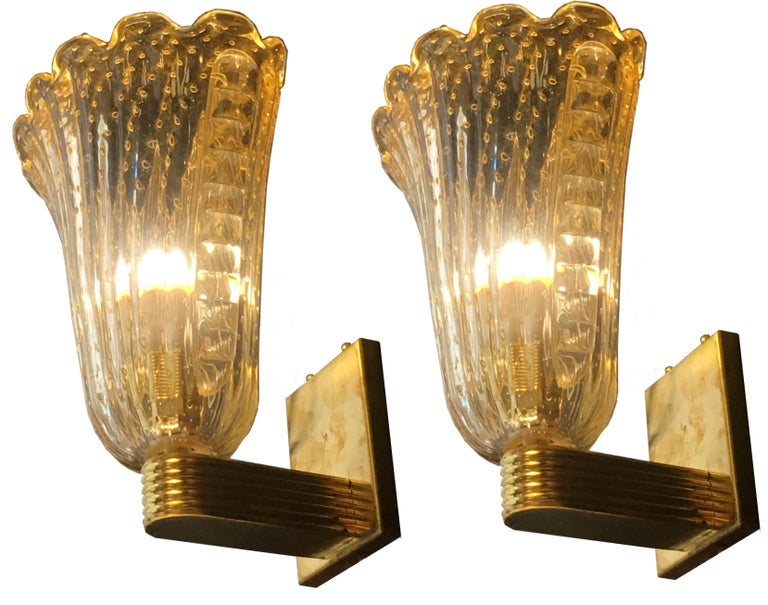 Fabulous Pair of Sconces 24-Karat Gold by Barovier and Toso, Murano, 1950s For Sale 6