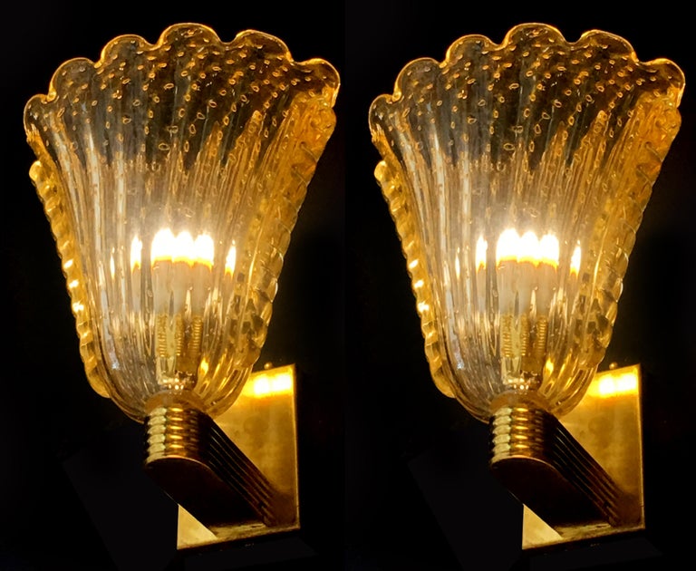 Fabulous Pair of Sconces 24-Karat Gold by Barovier and Toso, Murano, 1950s For Sale 7