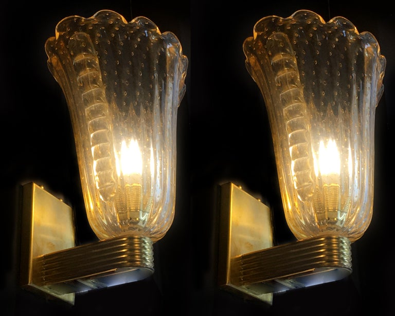 Fabulous Pair of Sconces 24-Karat Gold by Barovier and Toso, Murano, 1950s For Sale 8