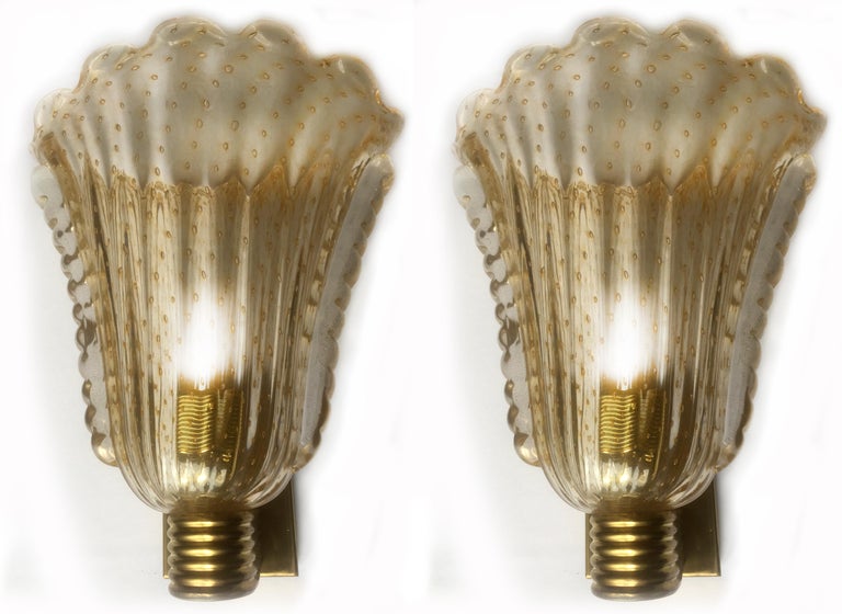 Italian Fabulous Pair of Sconces 24-Karat Gold by Barovier and Toso, Murano, 1950s For Sale